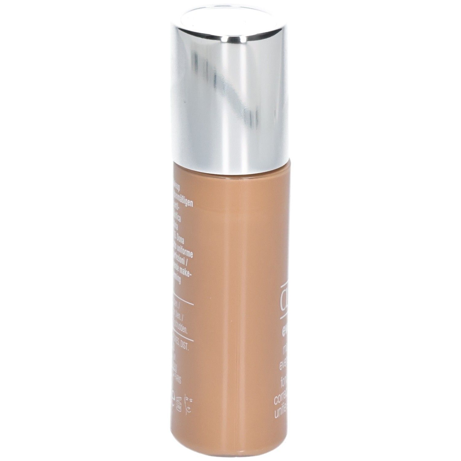 Clinique Even Better Makeup SPF 15, couleur Sable. Vue latérale du flacon avec bouchon argenté.