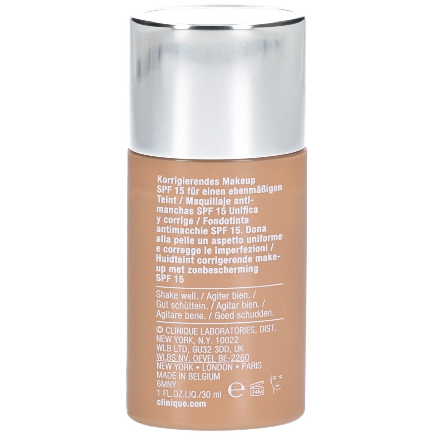 Arrière du flacon Clinique Even Better Makeup SPF 15 couleur Sable avec informations produit.