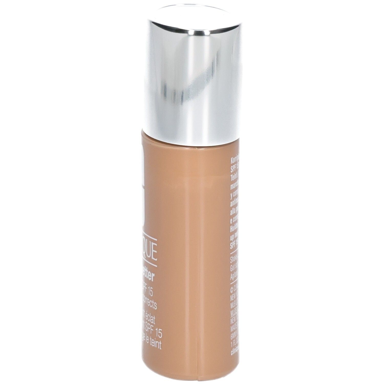 Clinique Even Better Makeup SPF 15, couleur Sable. Vue latérale du flacon avec bouchon argenté.