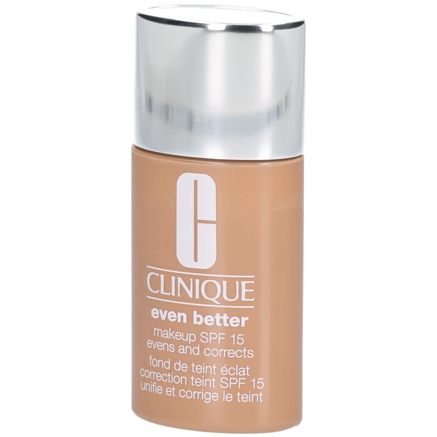 Clinique Even Better Makeup SPF 15, couleur Sable. Flacon avec bouchon argenté.