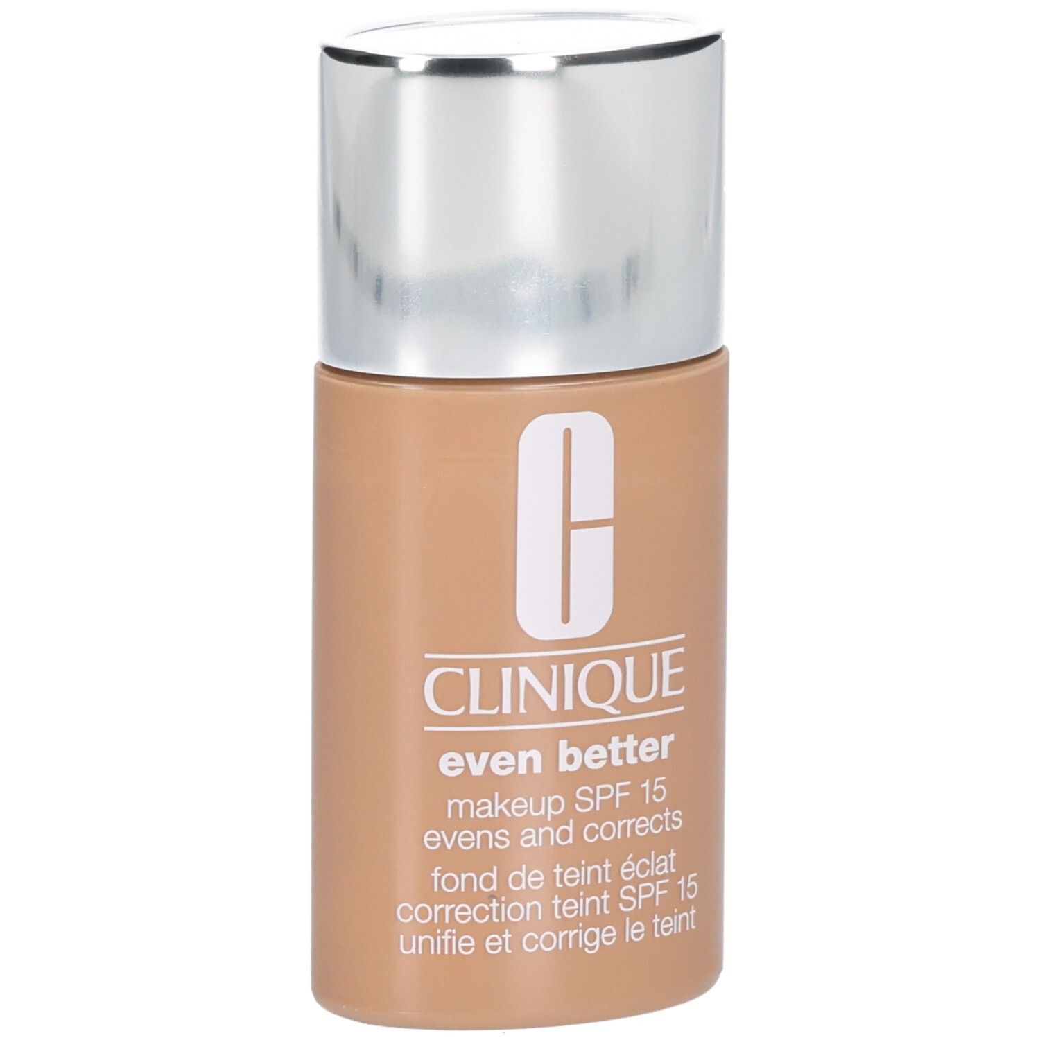 Clinique Even Better Makeup SPF 15, couleur Sable. Flacon avec bouchon argenté.