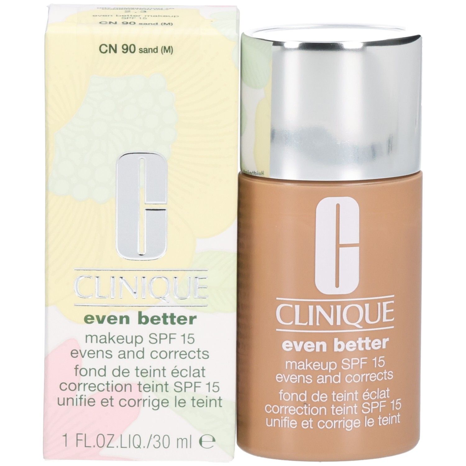 Clinique Even Better Makeup SPF 15, couleur Sable. Flacon et emballage.