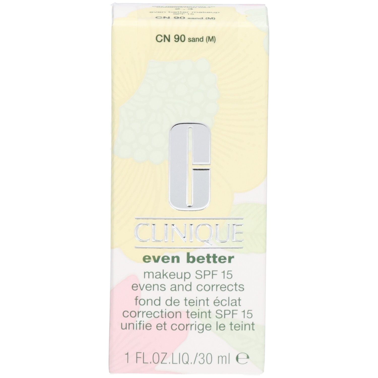 Emballage du Clinique Even Better Makeup SPF 15 couleur Sable, avec motif floral.