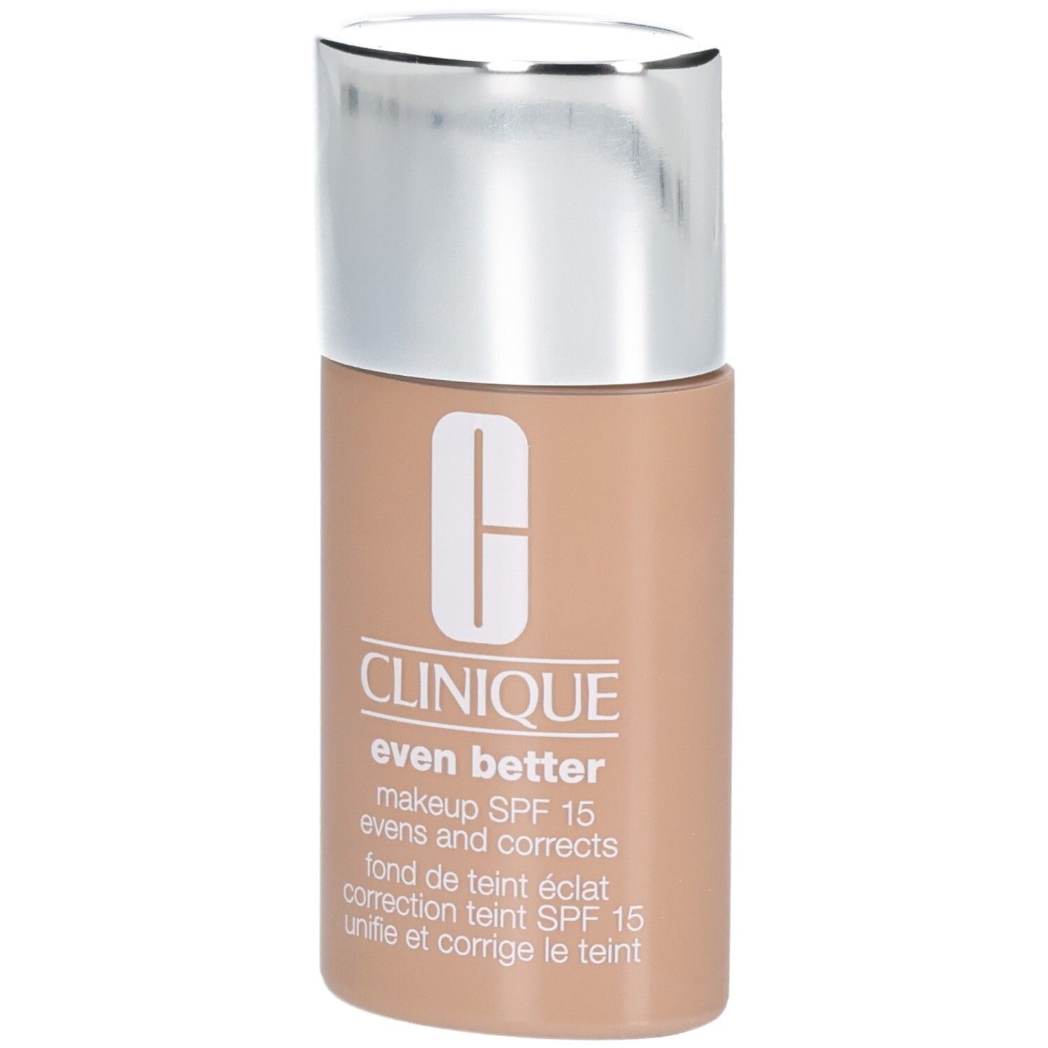 Fond de teint Clinique Even Better SPF 15 dans un flacon beige avec pompe argentée.