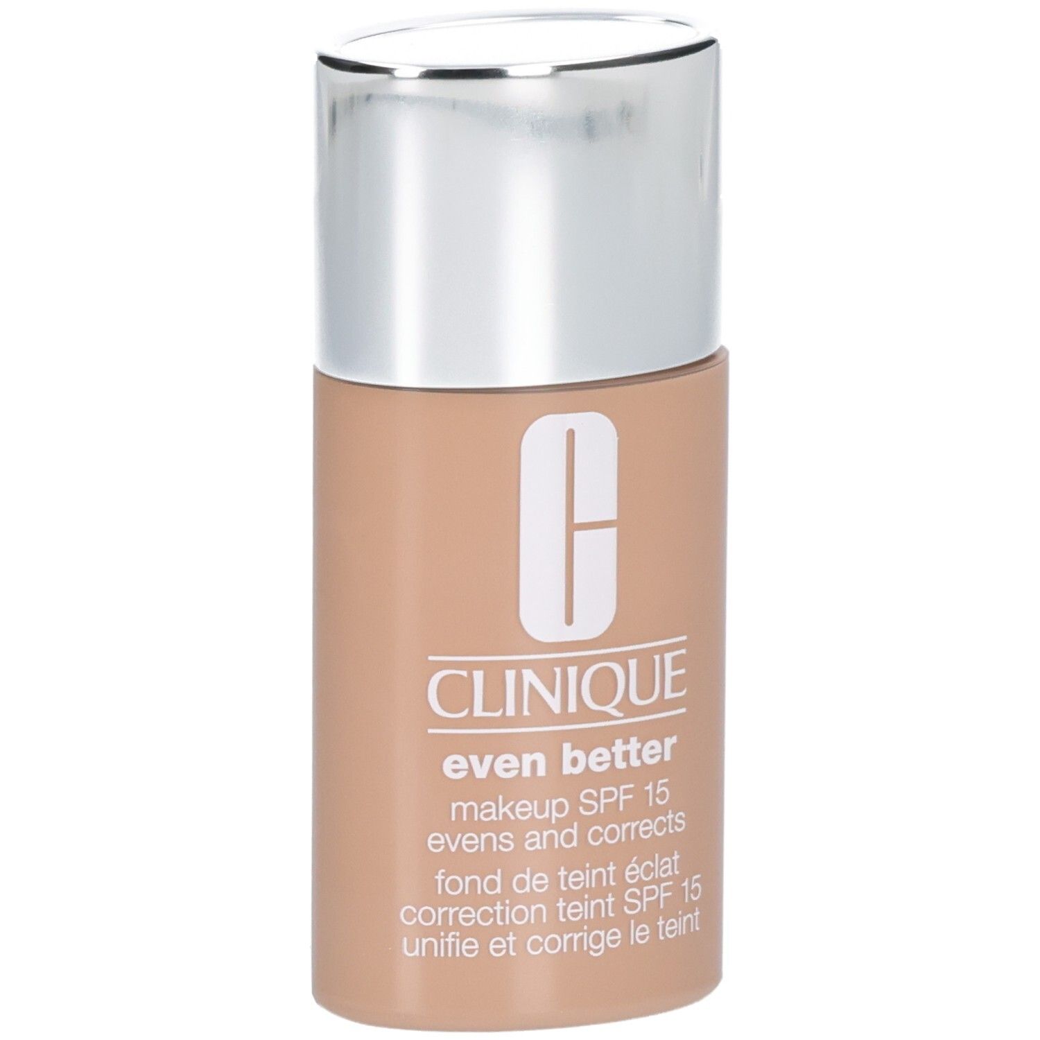 Fond de teint Clinique Even Better SPF 15 beige avec bouchon argenté.