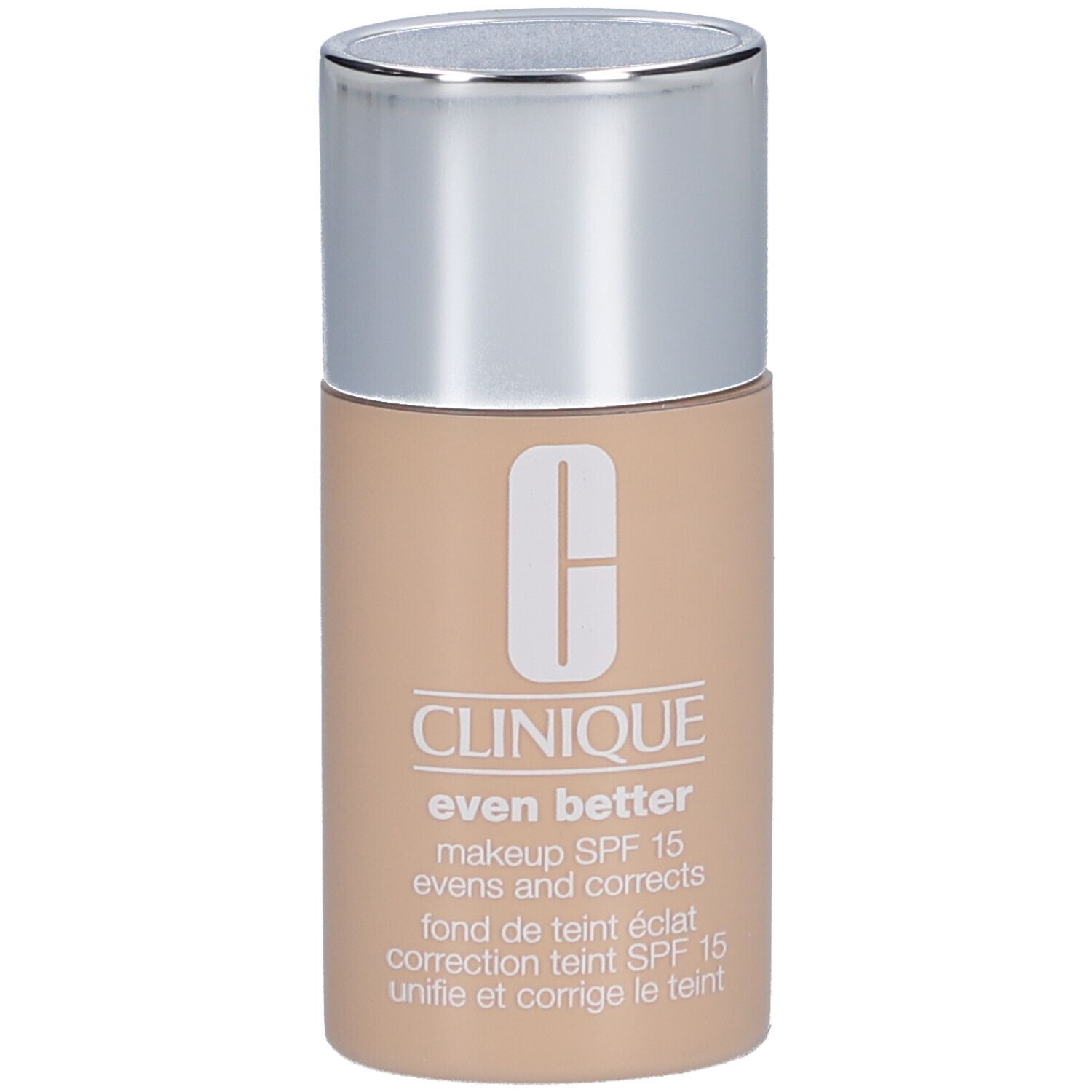 Clinique Even Better Fond de Teint SPF 15. Flacon beige avec bouchon argenté. Nom du produit et logo sur le devant.