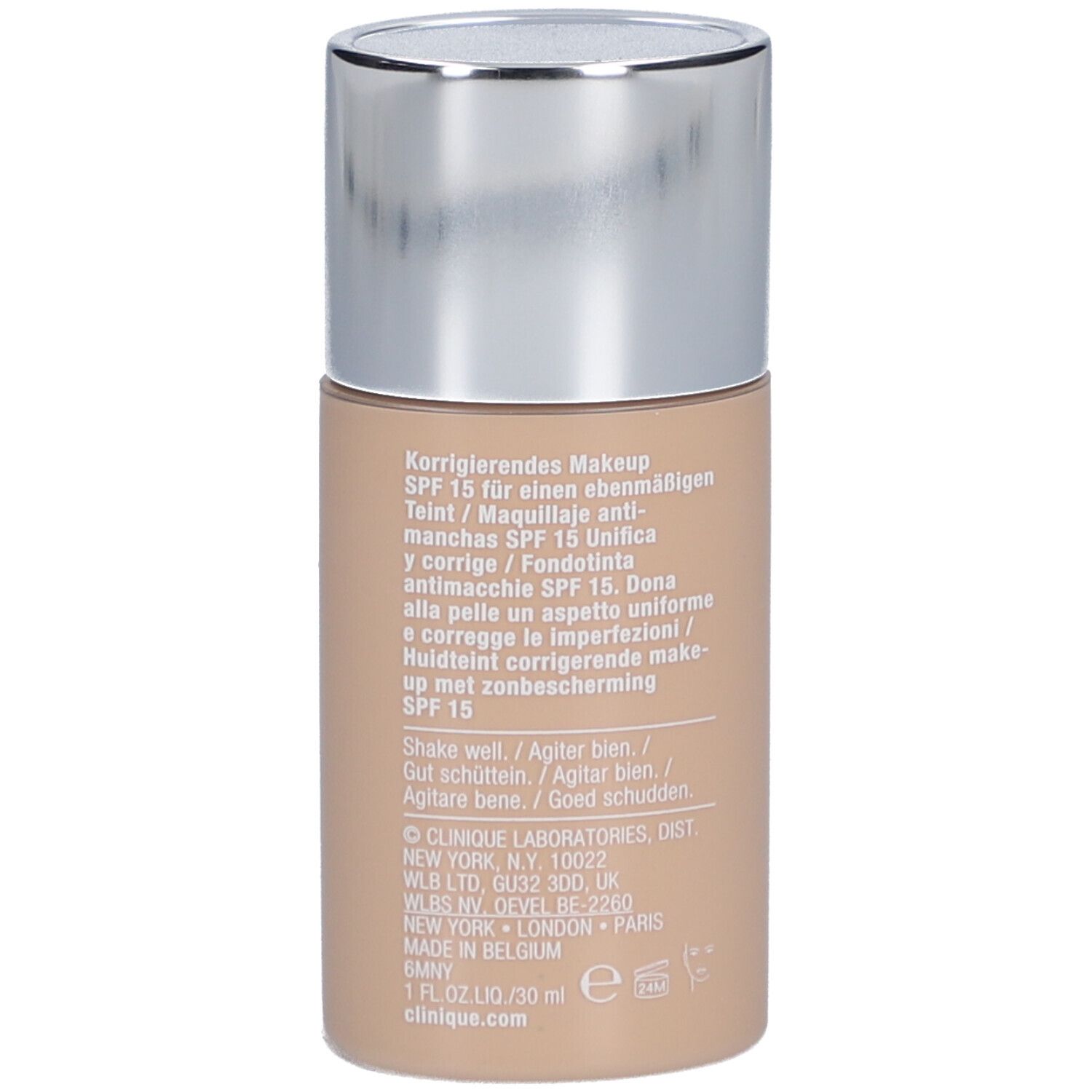 Dos du flacon Clinique Even Better Fond de Teint SPF 15. Texte avec informations sur le produit et coordonnées du fabricant.