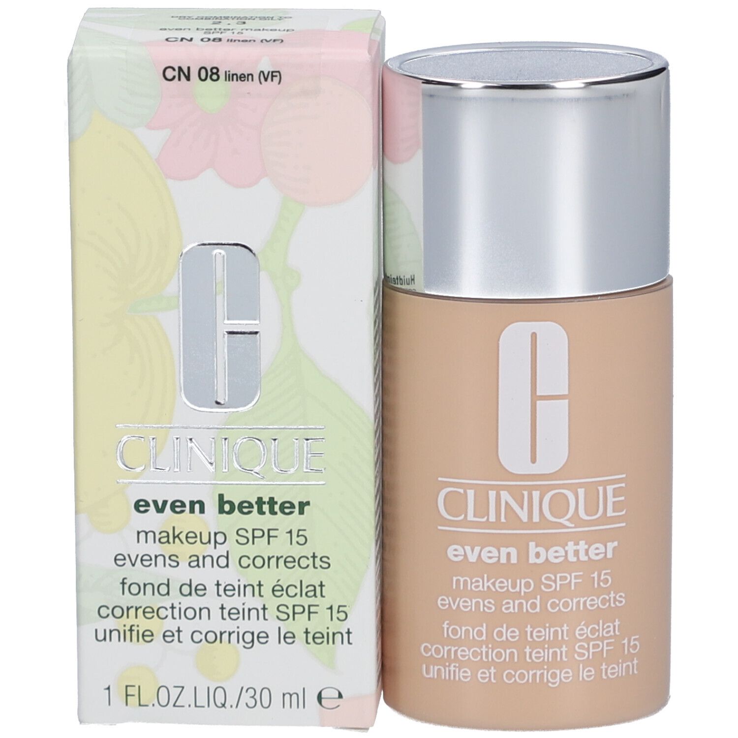 Clinique Even Better Fond de Teint SPF 15 et emballage. Flacon et boîte côte à côte. Nom du produit et logo visibles.