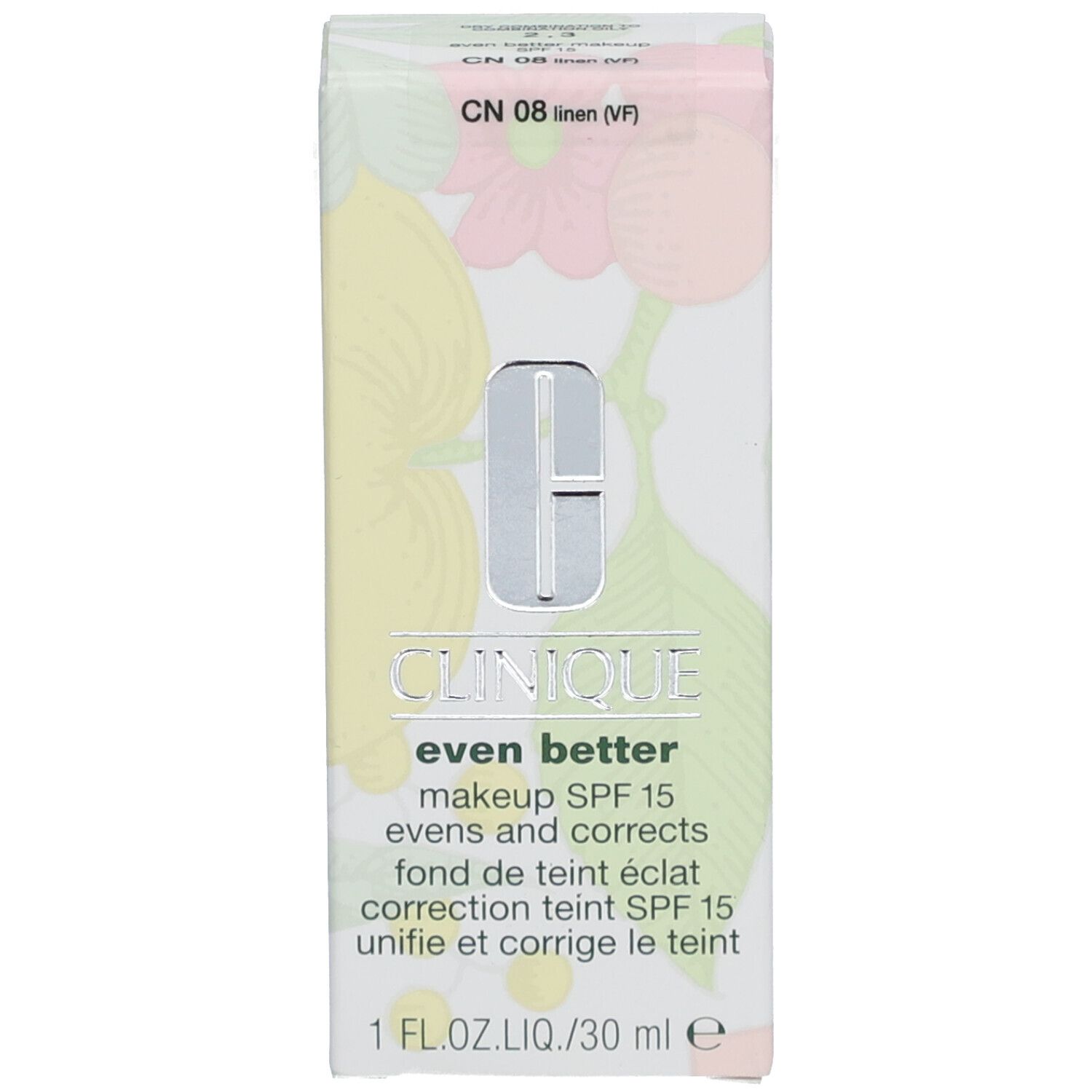 Emballage de Clinique Even Better Fond de Teint SPF 15. Boîte avec nom du produit, logo et code couleur CN 08 linen (VF).