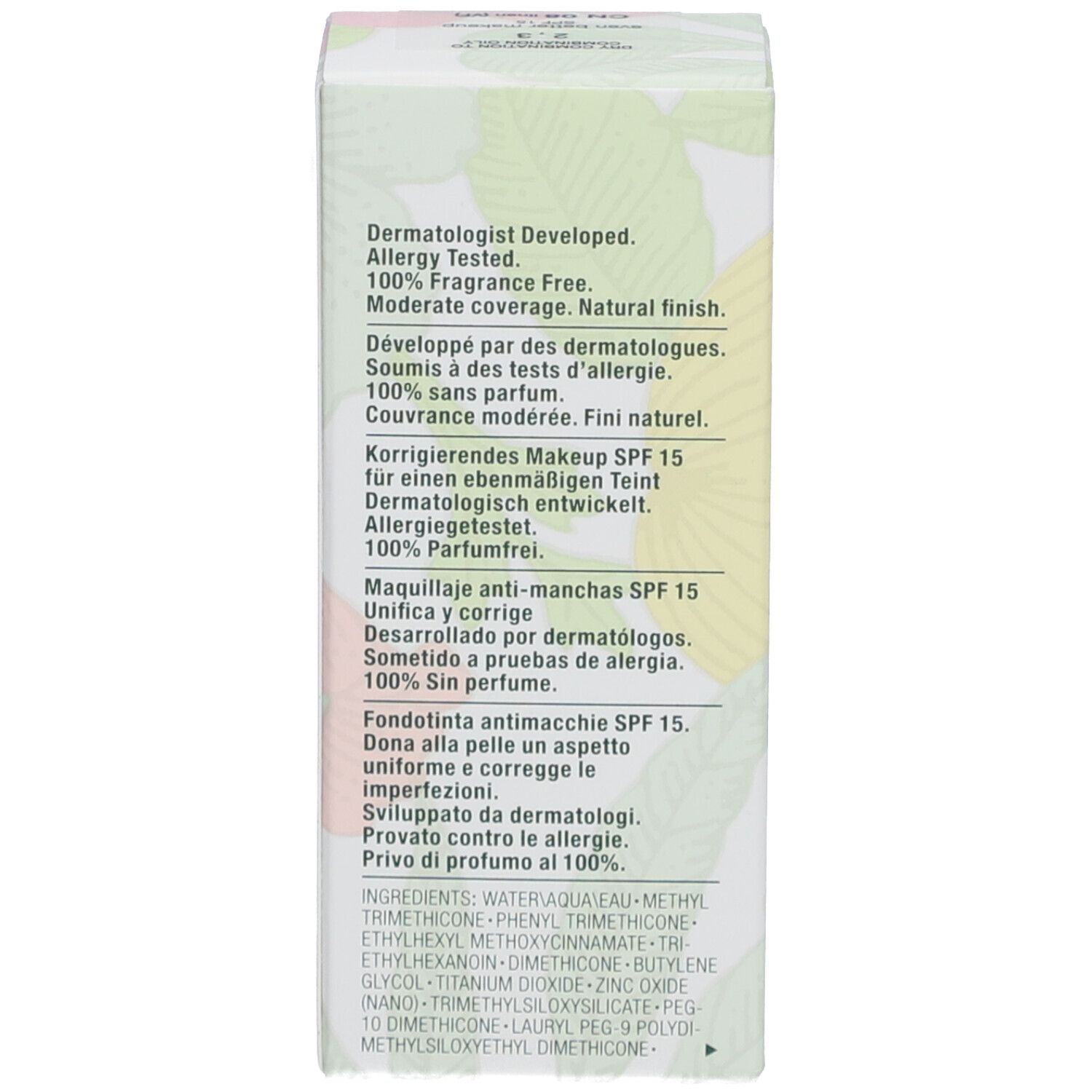 Côté de l'emballage de Clinique Even Better Fond de Teint SPF 15. Texte sur le développement dermatologique, les tests d'allergie et les ingrédients.