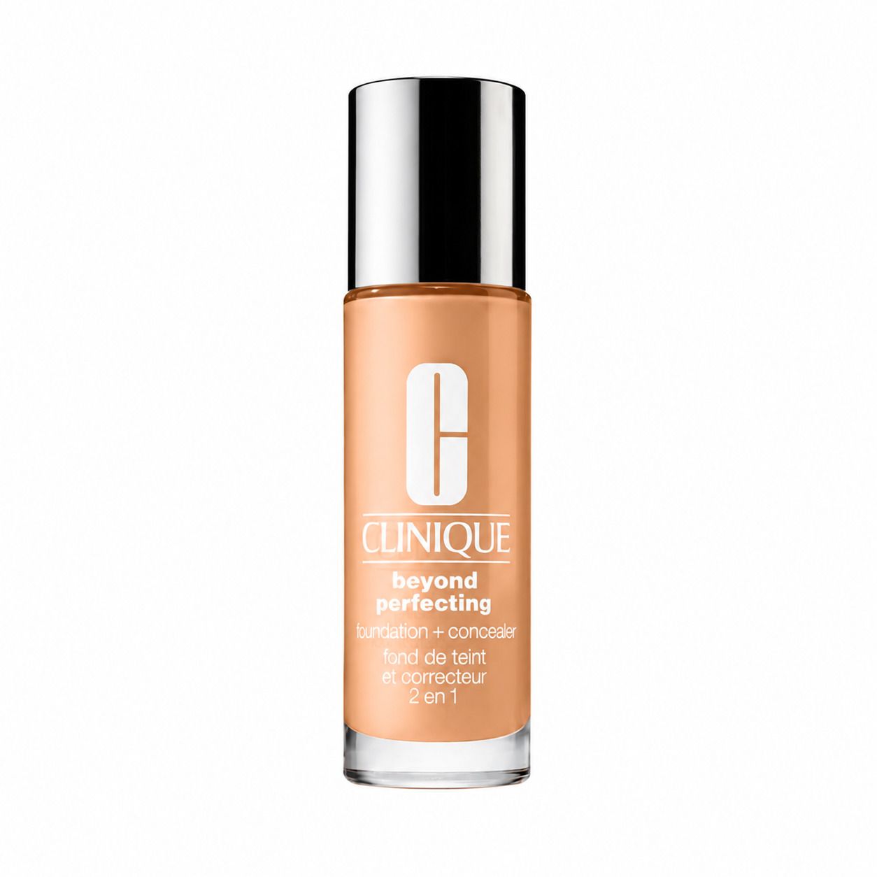 Clinique Beyond Perfecting Foundation + Concealer dans une bouteille en verre avec un capuchon argenté.