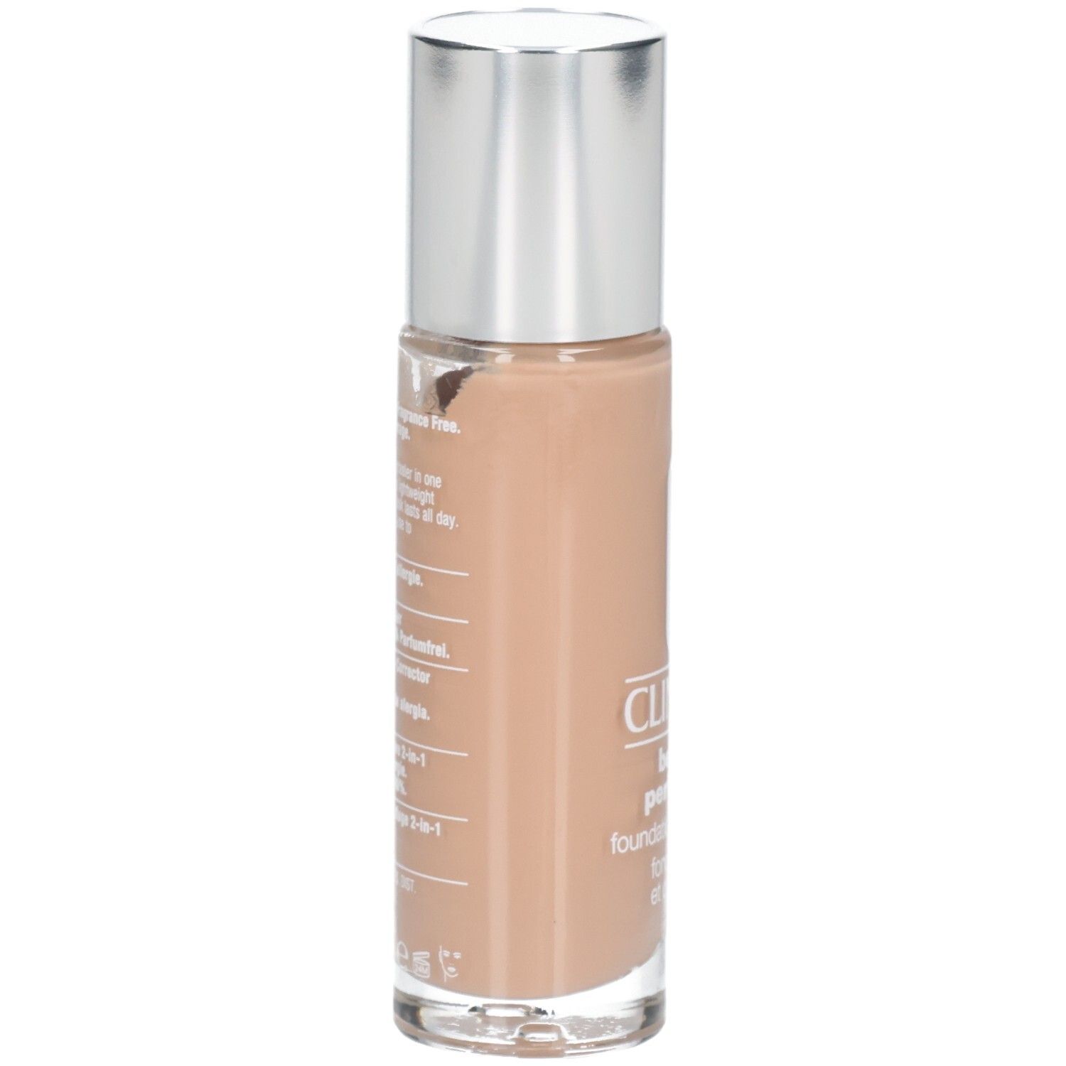 Arrière de la bouteille Clinique Beyond Perfecting Foundation + Concealer avec informations sur le produit.