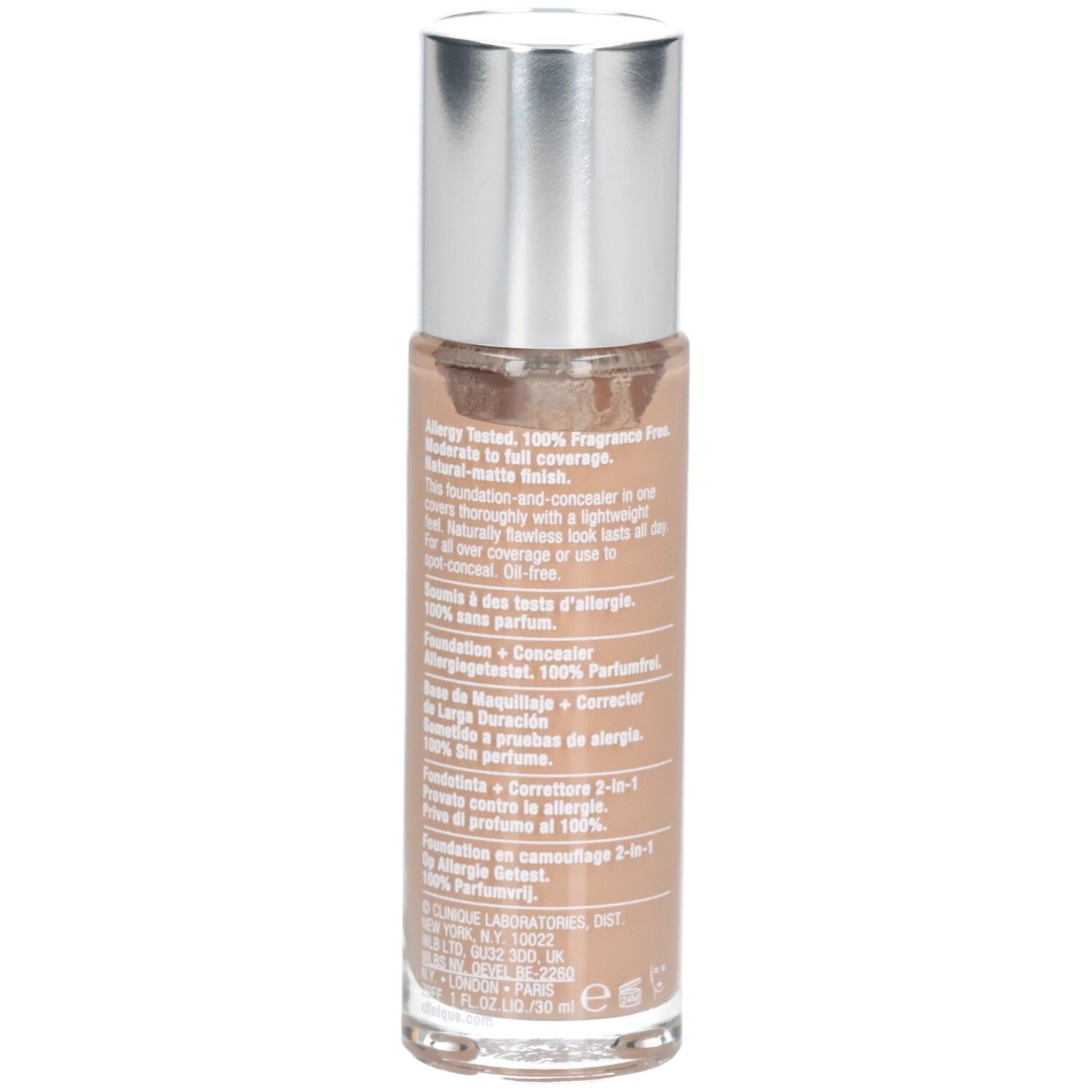 Arrière de la bouteille Clinique Beyond Perfecting Foundation + Concealer avec informations sur le produit.
