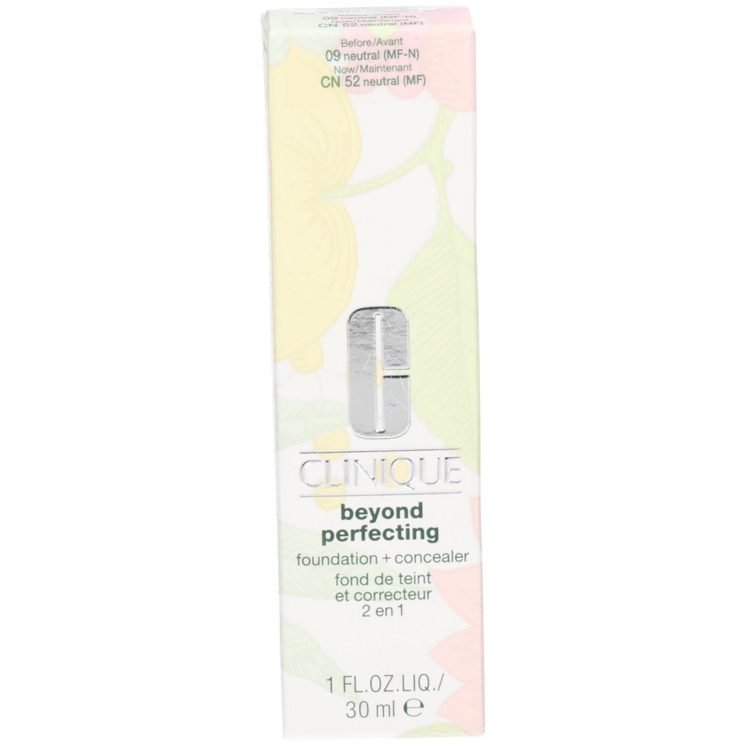 Emballage extérieur de la Clinique Beyond Perfecting Foundation + Concealer au design floral.