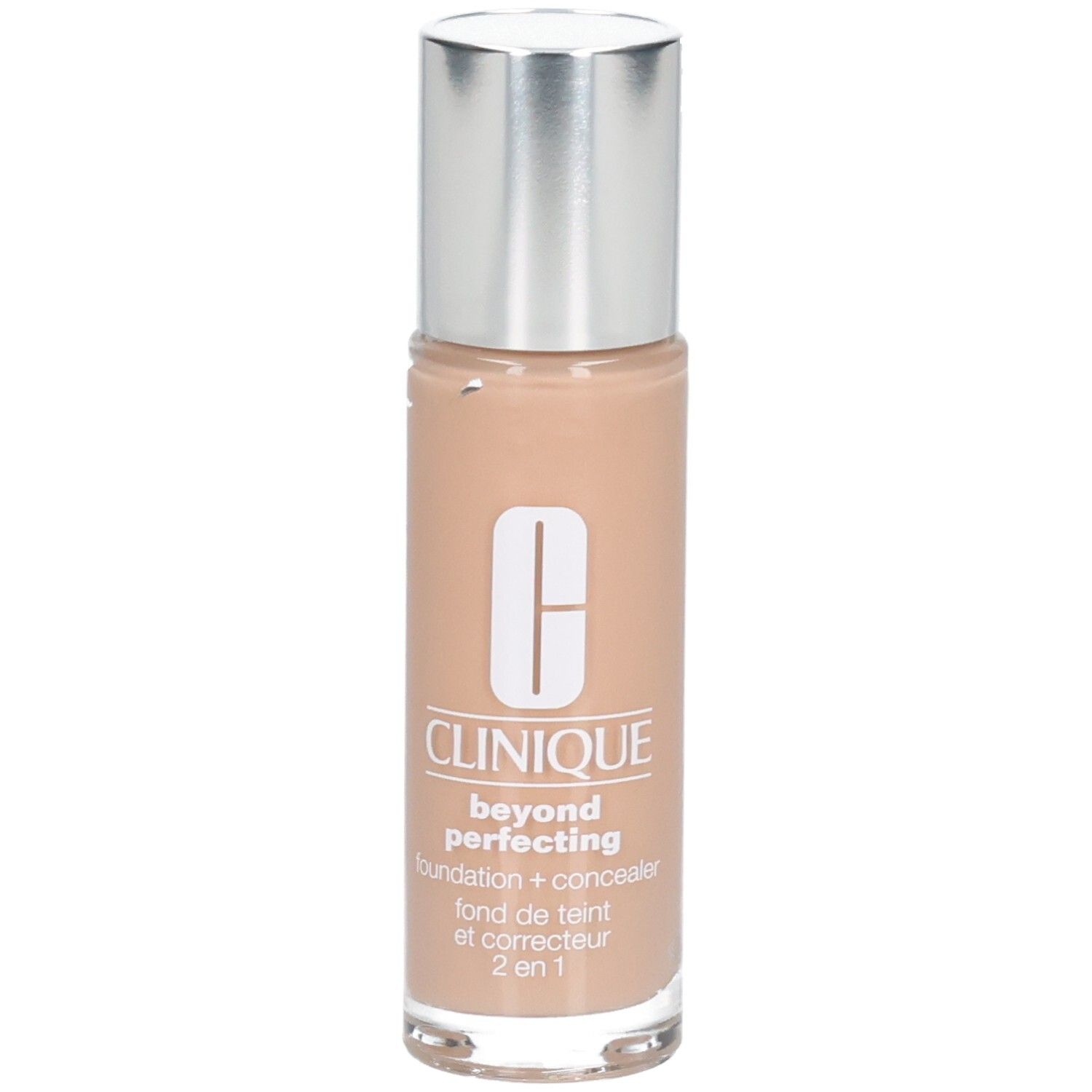 Flacon de fond de teint beige avec bouchon argenté. Inscription : Clinique, beyond perfecting, fond de teint + correcteur, 2 en 1.