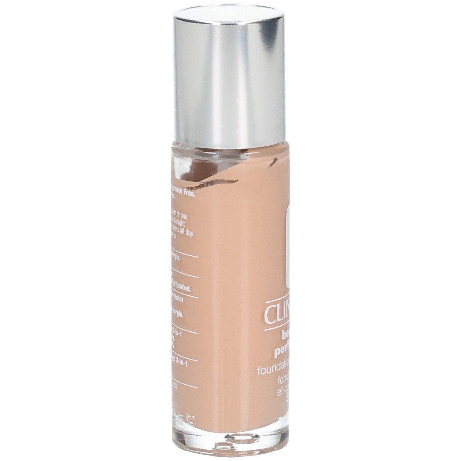 Flacon de fond de teint beige avec bouchon argenté. Inscription : Clinique, beyond perfecting, fond de teint + correcteur, 2 en 1. Texte au dos.
