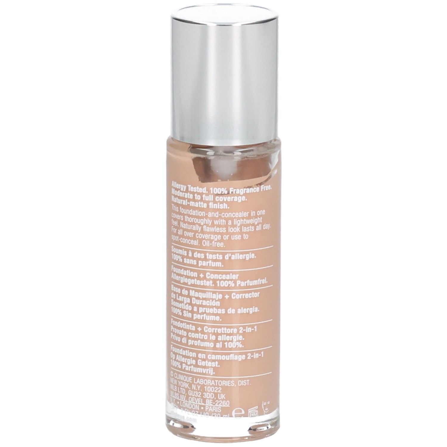 Flacon de fond de teint beige avec bouchon argenté. Texte au dos. Inscription : Clinique, beyond perfecting, fond de teint + correcteur, 2 en 1.