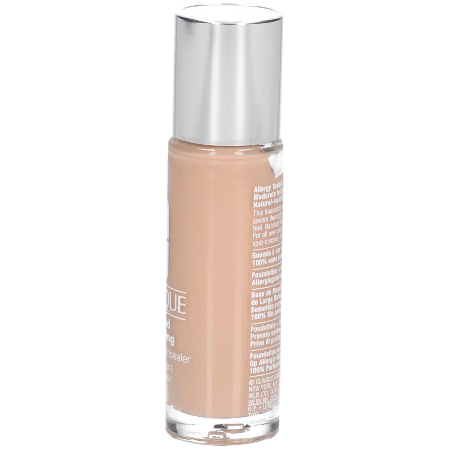 Flacon de fond de teint beige avec bouchon argenté. Texte au dos. Inscription : Clinique, beyond perfecting, fond de teint + correcteur, 2 en 1.
