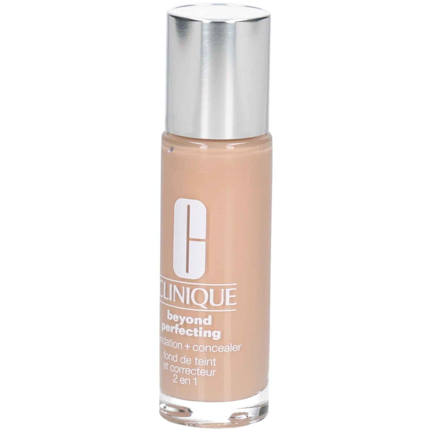 Flacon de fond de teint beige avec bouchon argenté. Inscription : Clinique, beyond perfecting, fond de teint + correcteur, 2 en 1.
