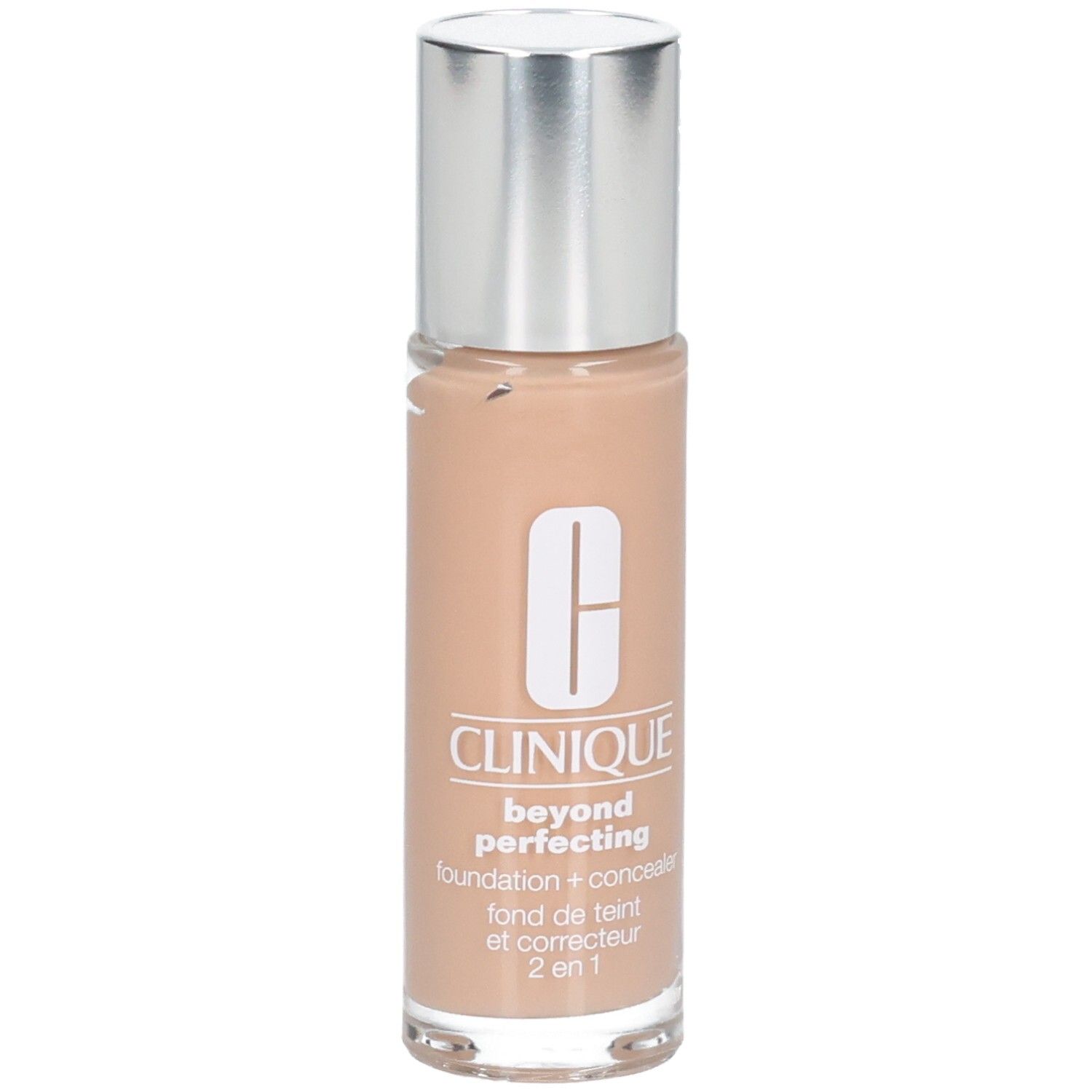 Flacon de fond de teint beige avec bouchon argenté. Inscription : Clinique, beyond perfecting, fond de teint + correcteur, 2 en 1.
