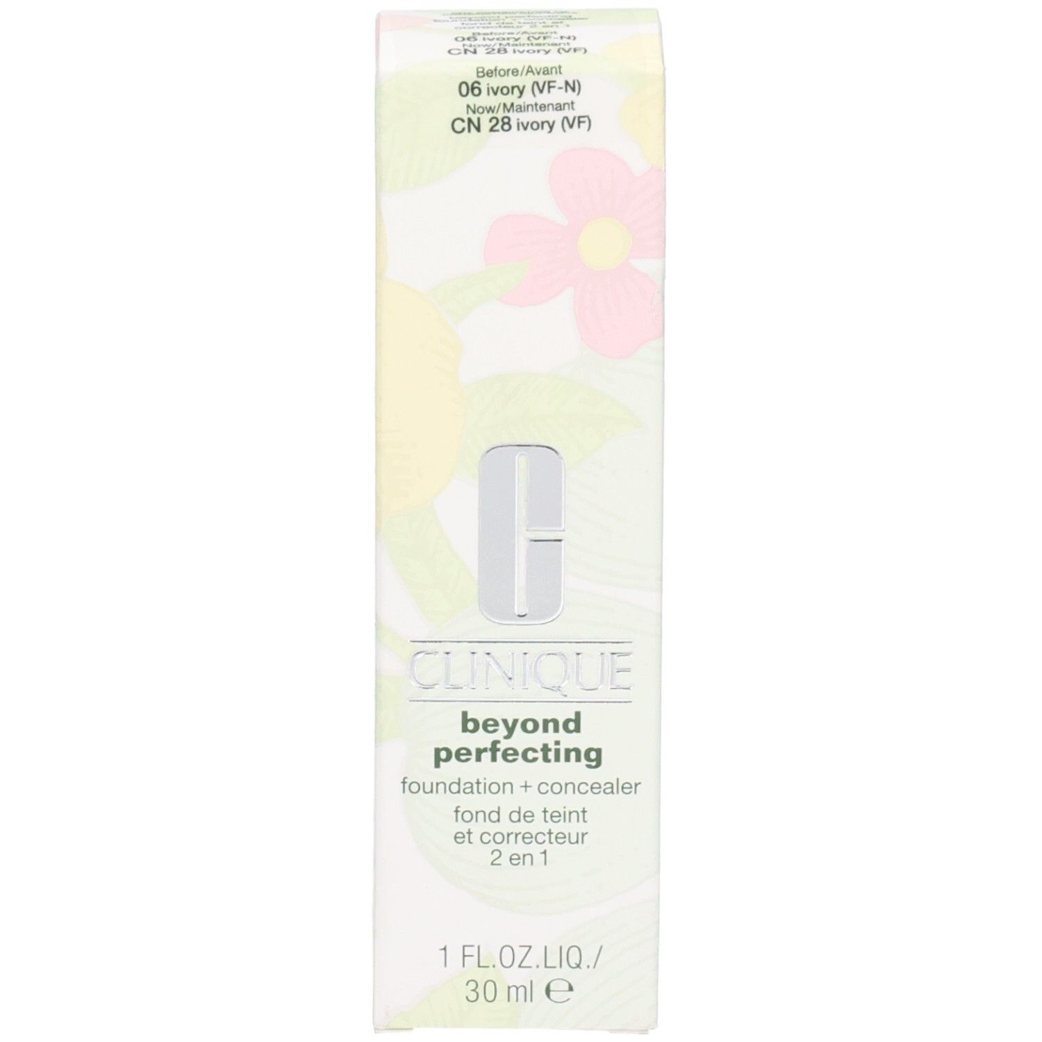 Emballage avec inscription : Clinique, beyond perfecting, fond de teint + correcteur, 2 en 1. Teinte : CN 28 Ivory.