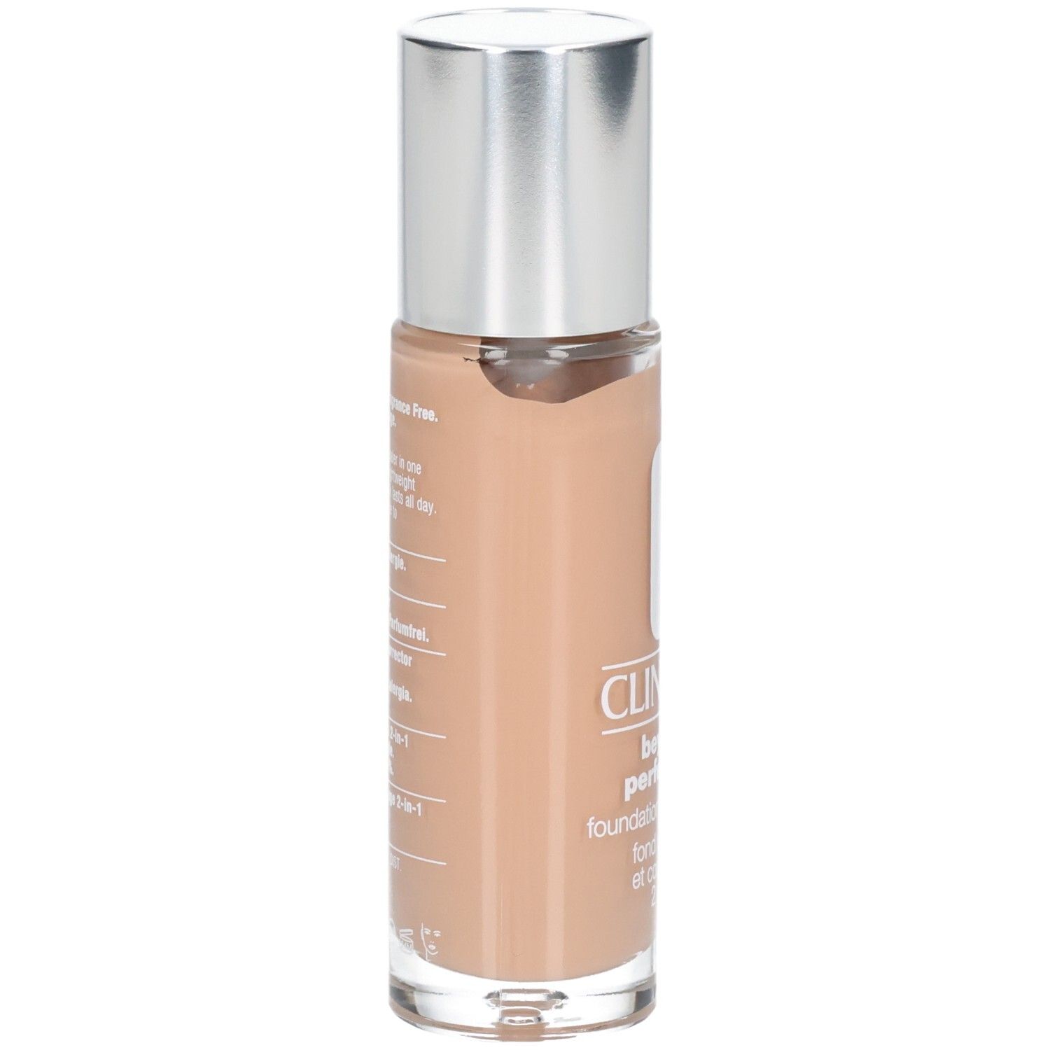 Arrière du flacon Clinique Beyond Perfecting Foundation + Concealer avec informations produit.