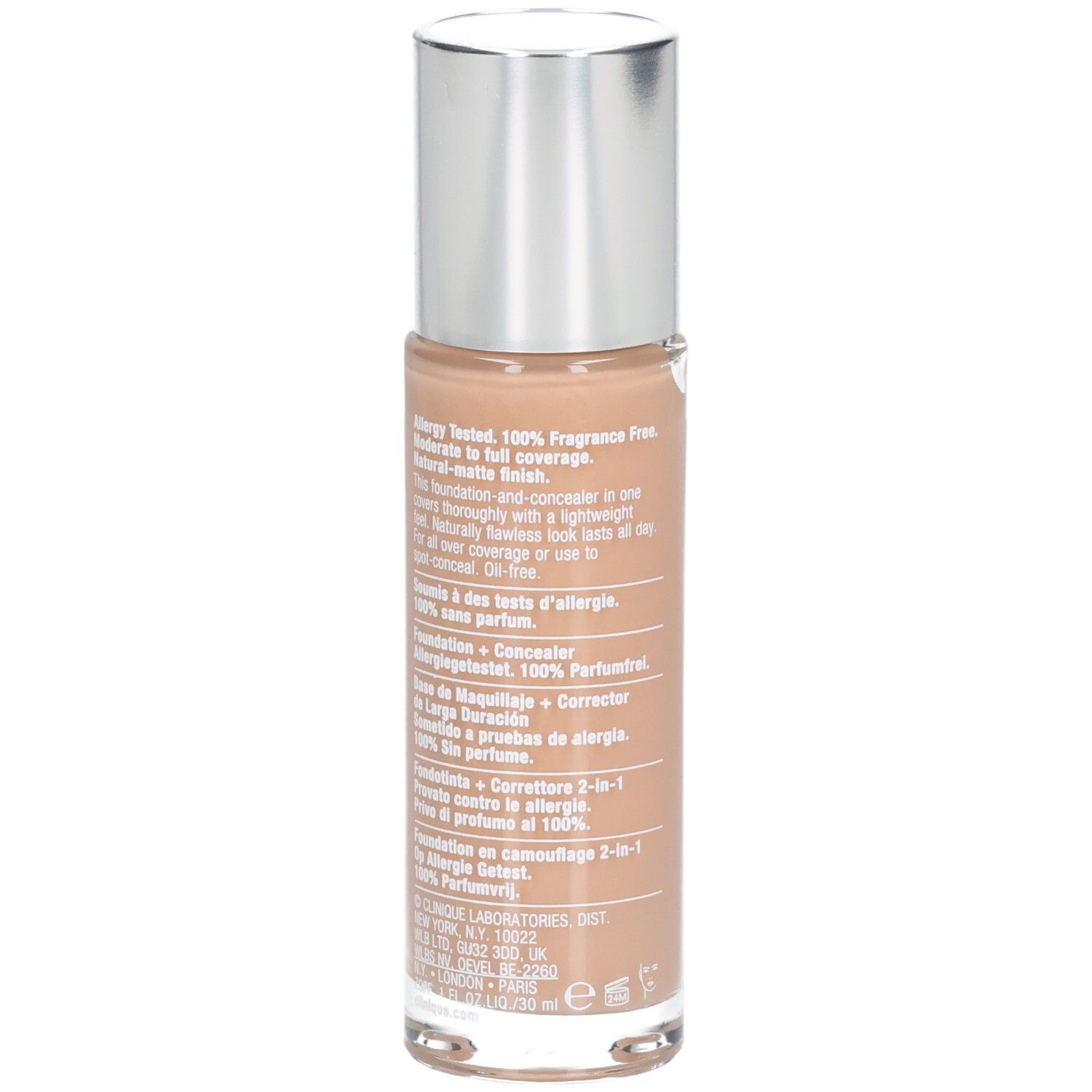 Arrière du flacon Clinique Beyond Perfecting Foundation + Concealer avec informations détaillées.