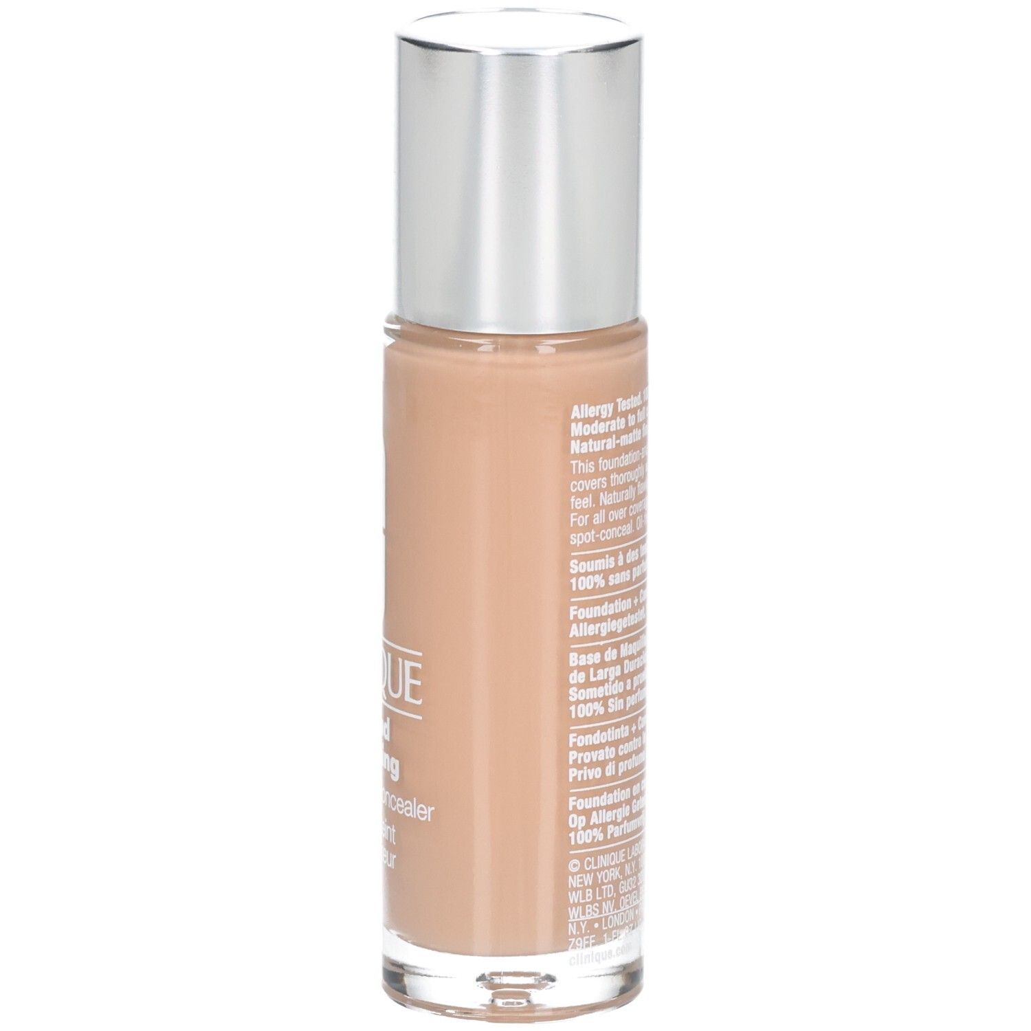 Arrière du flacon Clinique Beyond Perfecting Foundation + Concealer avec informations et sceaux.
