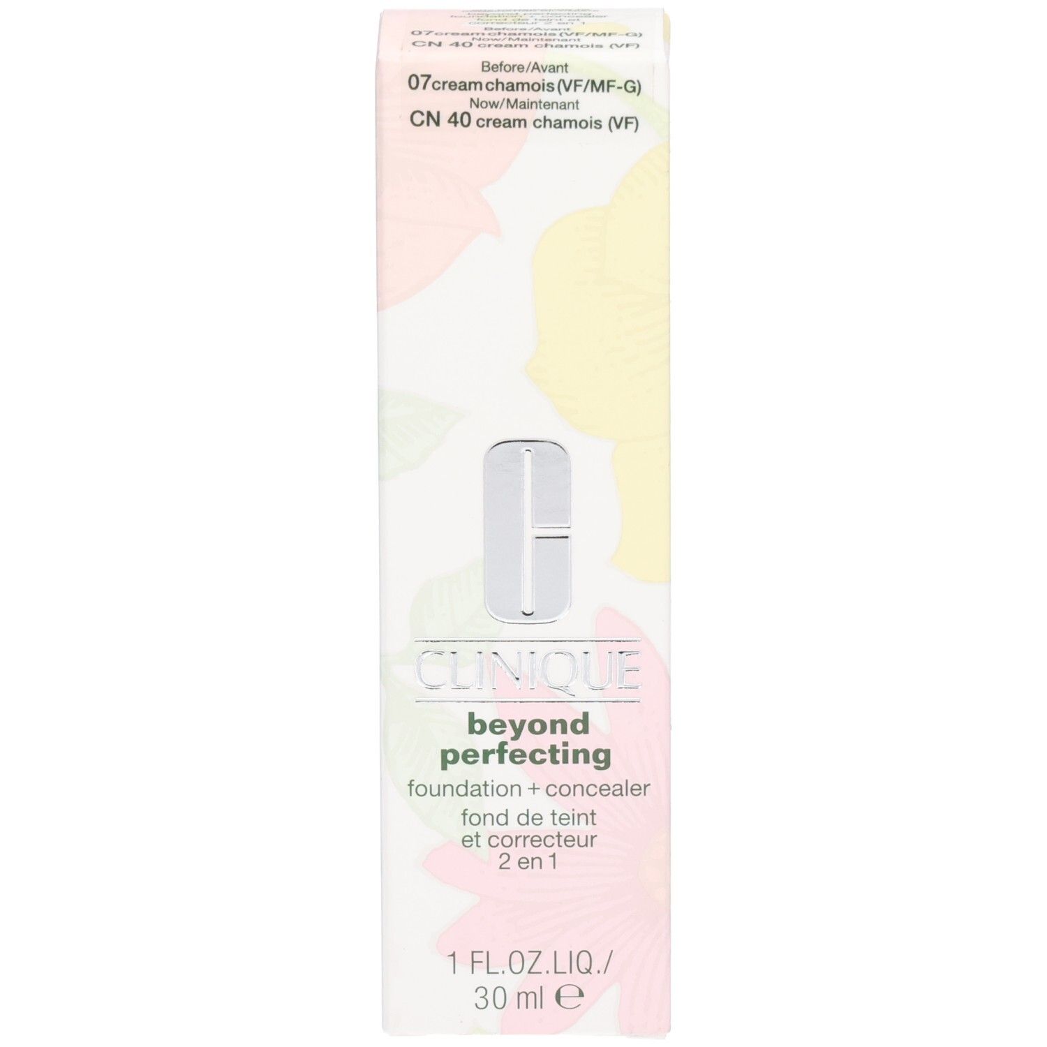Boîte d'emballage pour Clinique Beyond Perfecting Foundation + Concealer avec motif floral.