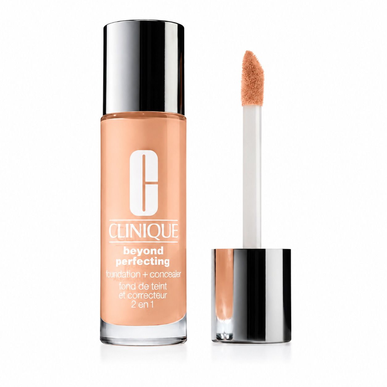 Flacon Clinique Beyond Perfecting Foundation + Concealer avec applicateur.