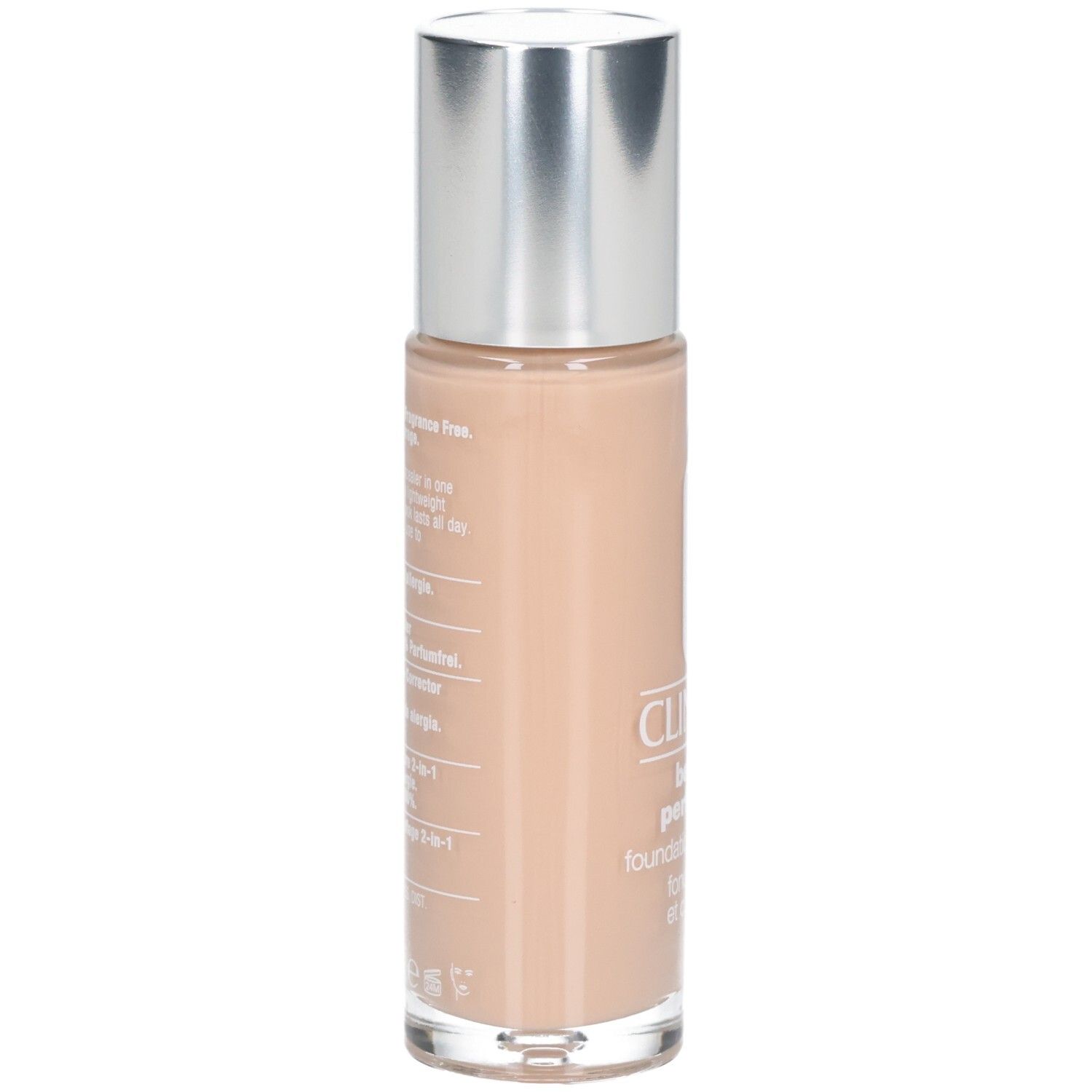 Arrière du flacon Clinique Beyond Perfecting Foundation + Concealer avec informations produit.