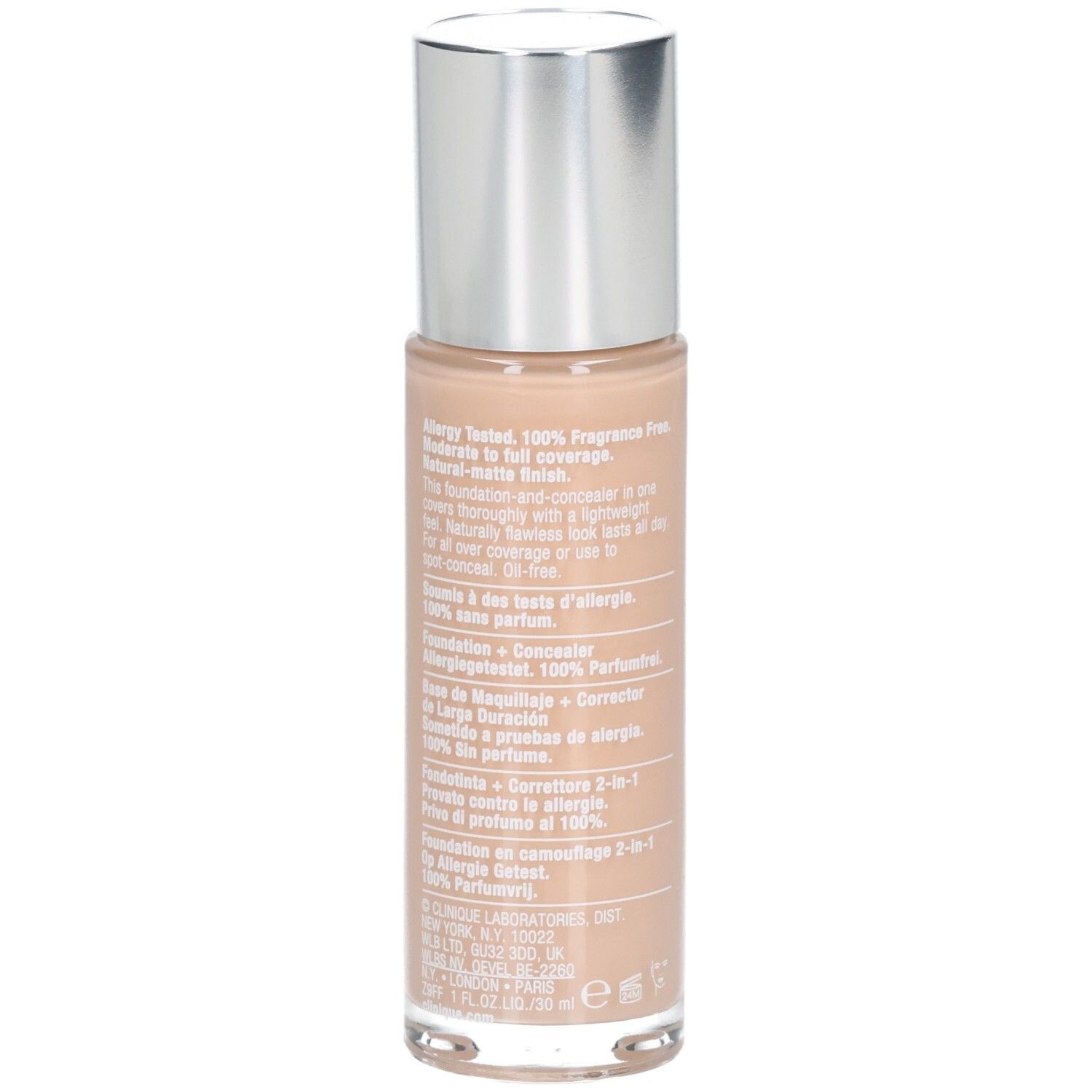 Arrière du flacon Clinique Beyond Perfecting Foundation + Concealer avec informations détaillées sur le produit.