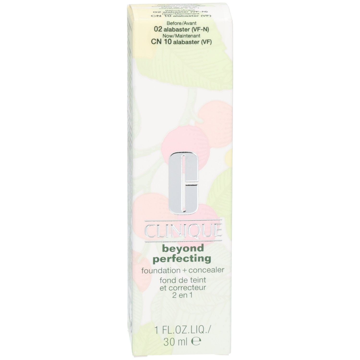Emballage du Clinique Beyond Perfecting Foundation + Concealer avec informations produit.