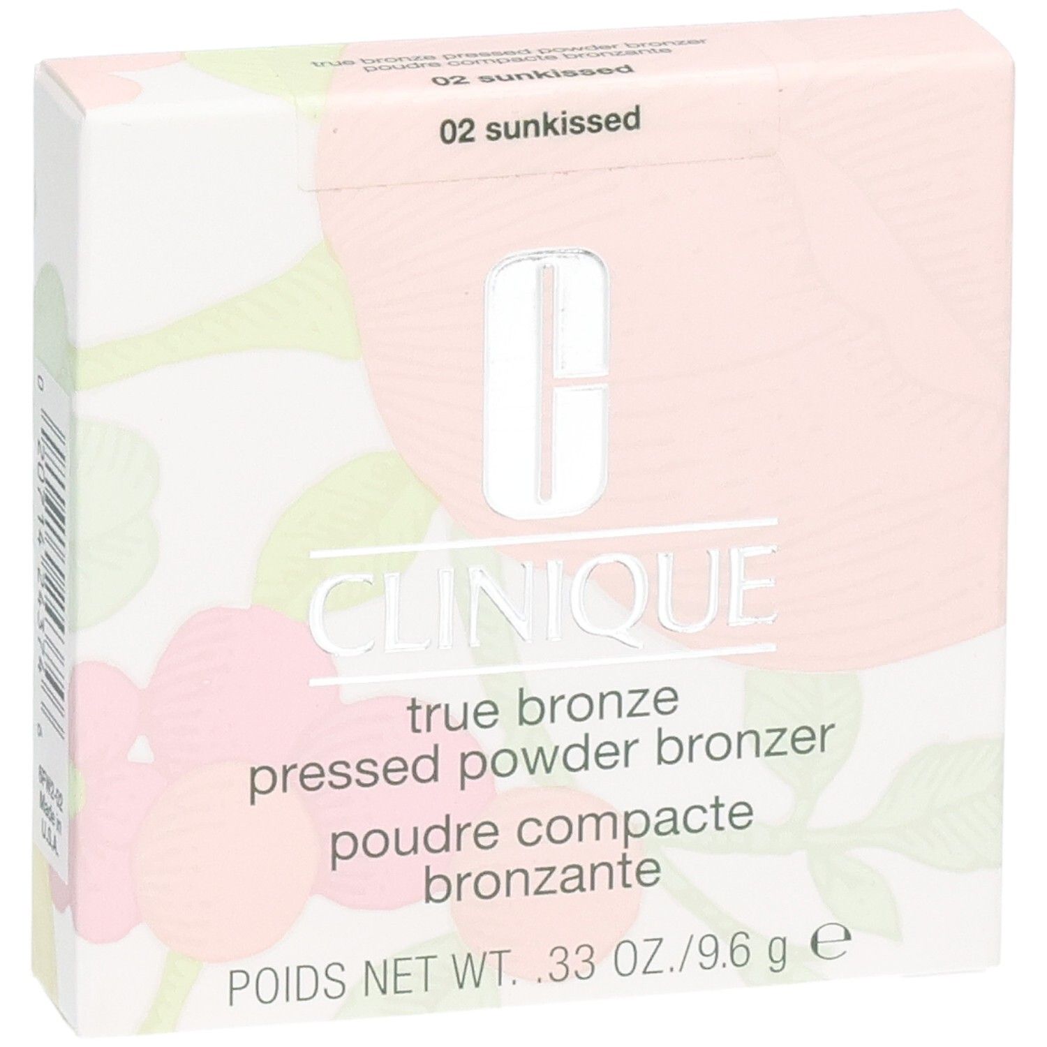 Clinique True Bronze Pressed Powder Bronzer, teinte 02 Sunkissed, emballage à motif floral.