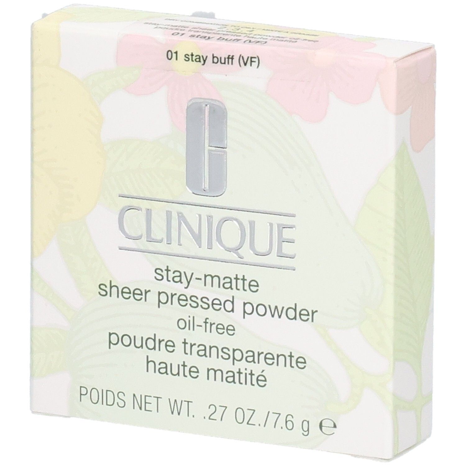 Clinique Poudre Transparente Haute Matité 01 Stay Buff. Boîte blanche à motifs floraux. Nom du produit et logo.