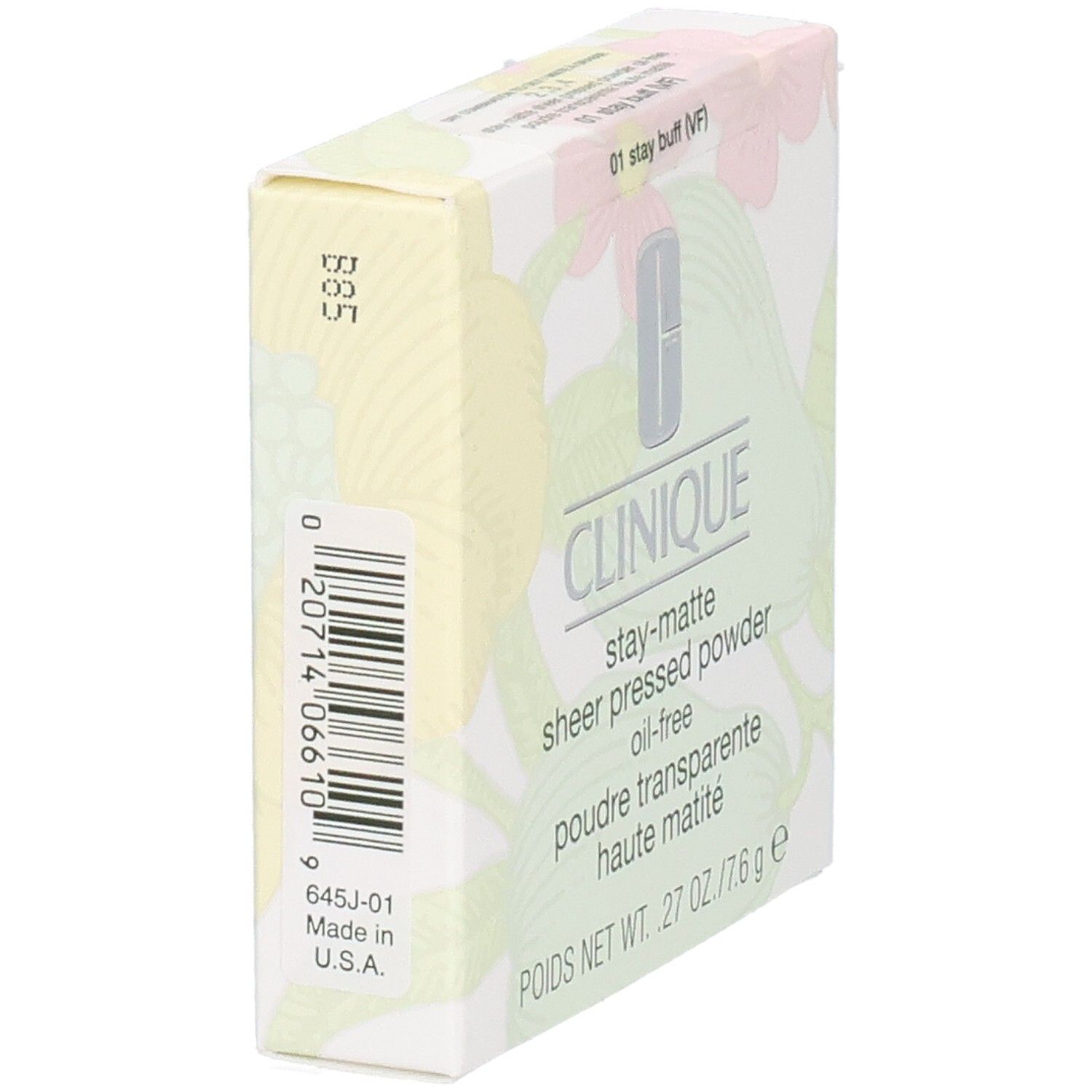 Clinique Poudre Transparente Haute Matité 01 Stay Buff. Boîte blanche, code-barres et informations produit sur le côté.