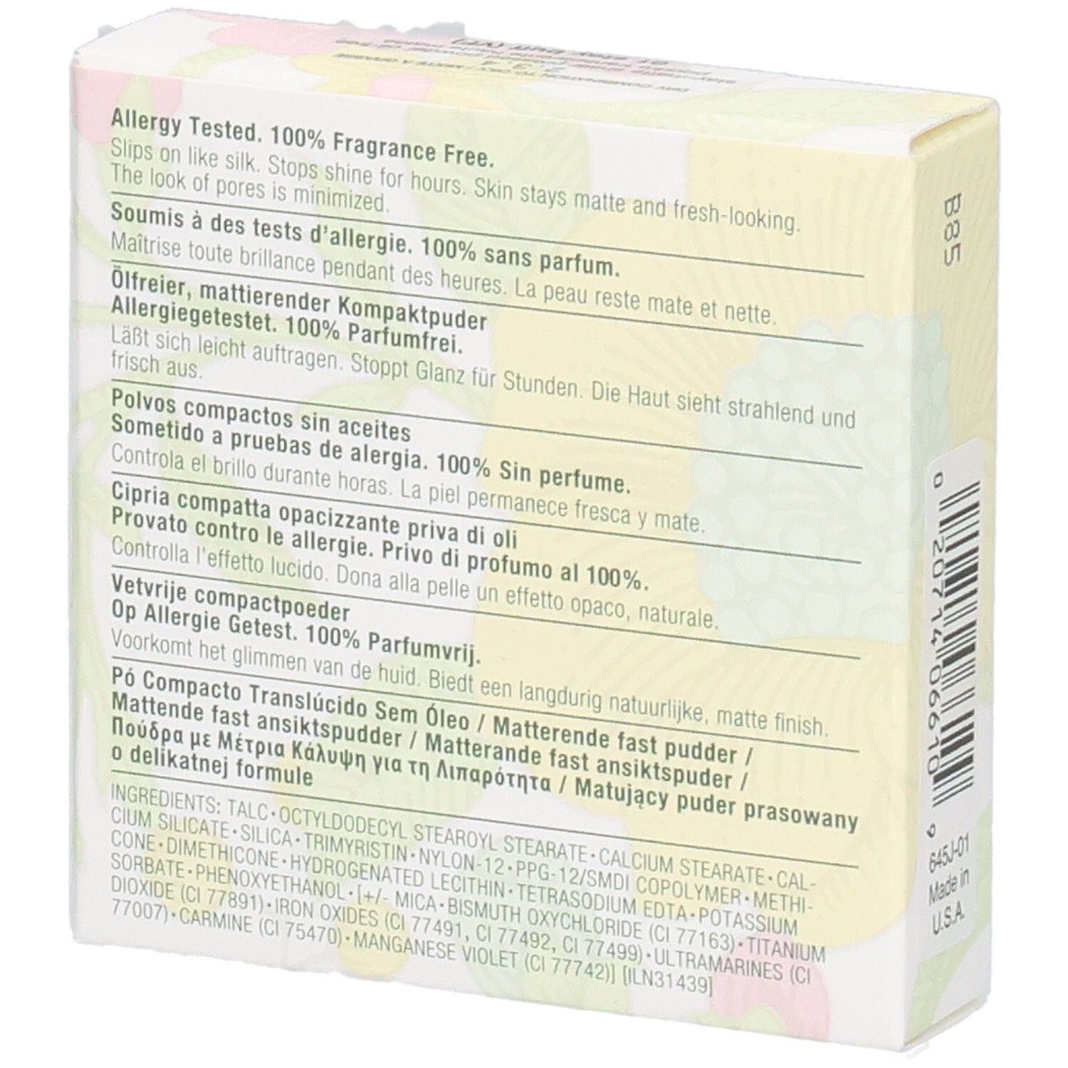 Clinique Poudre Transparente Haute Matité 01 Stay Buff. Dos de la boîte avec informations produit et ingrédients.