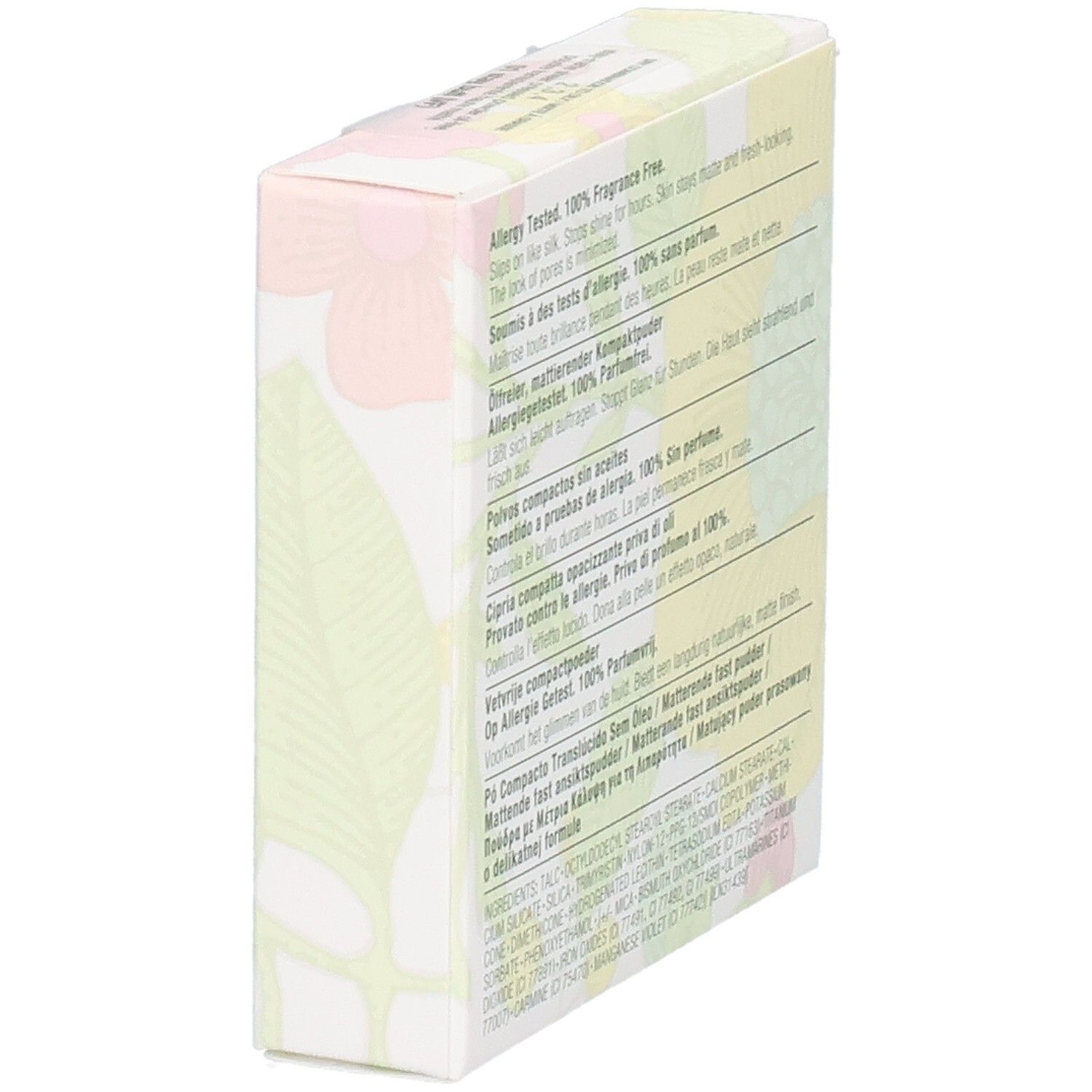 Clinique Poudre Transparente Haute Matité 01 Stay Buff. Boîte avec informations produit et motif floral.