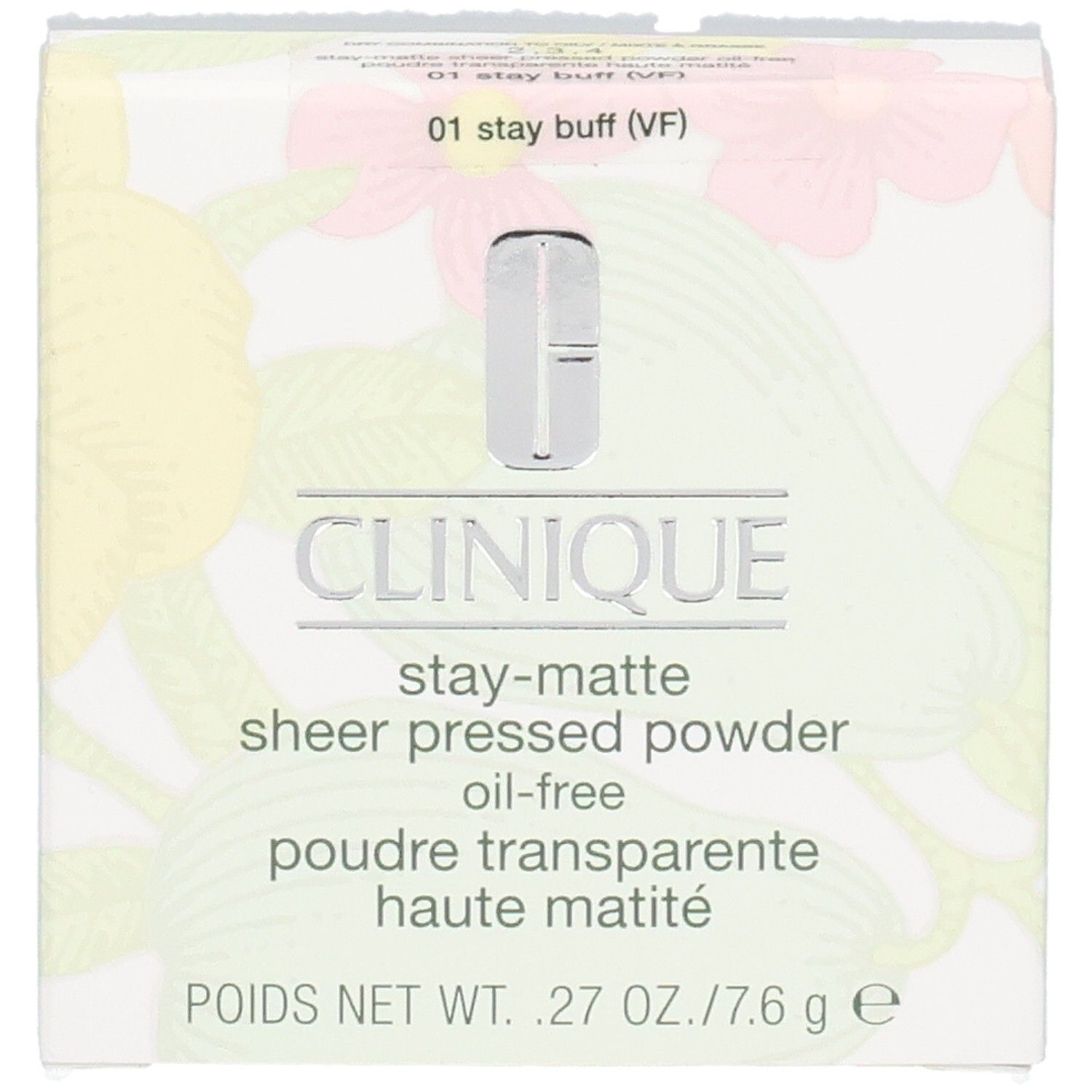 Clinique Poudre Transparente Haute Matité 01 Stay Buff. Boîte blanche avec nom du produit, logo et motif floral.
