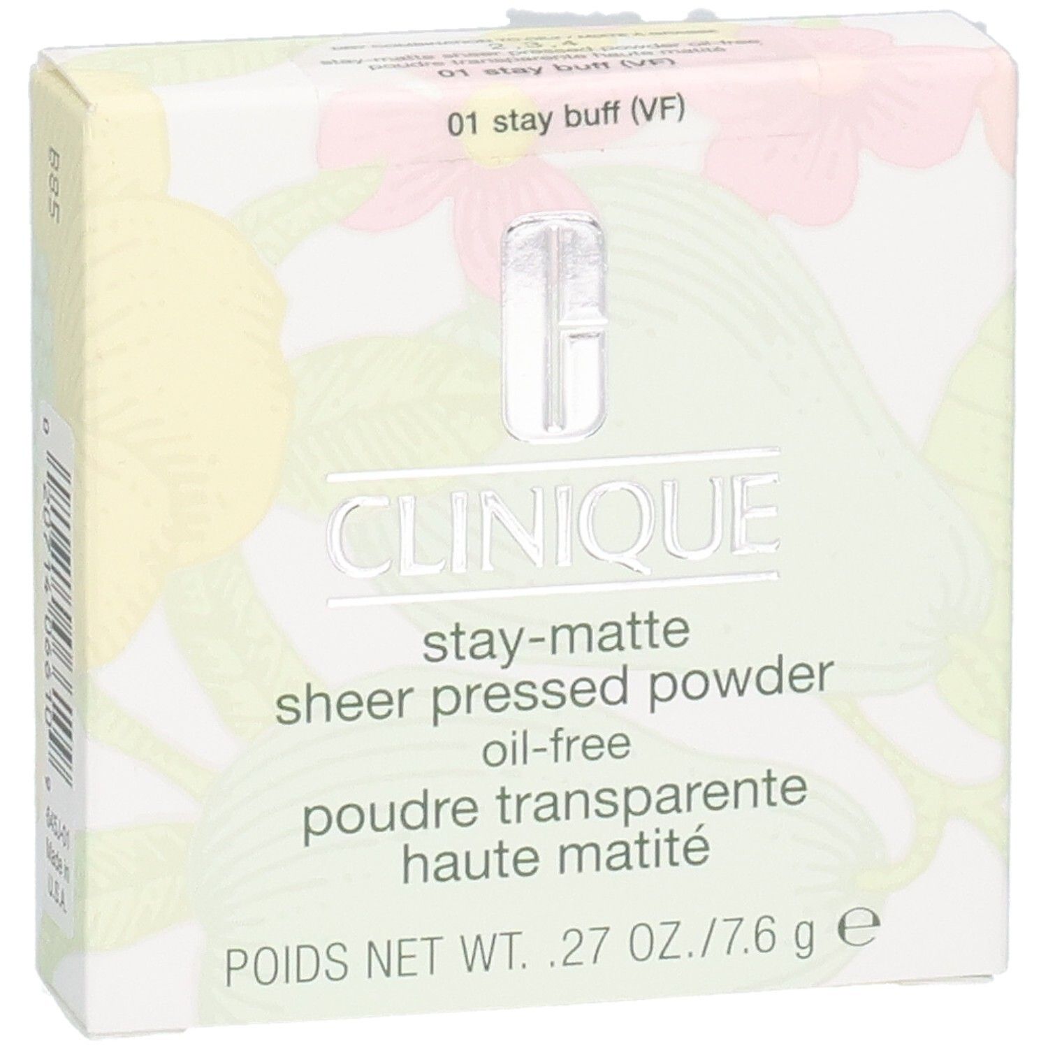Clinique Poudre Transparente Haute Matité 01 Stay Buff. Boîte blanche avec nom du produit, logo et motif floral.