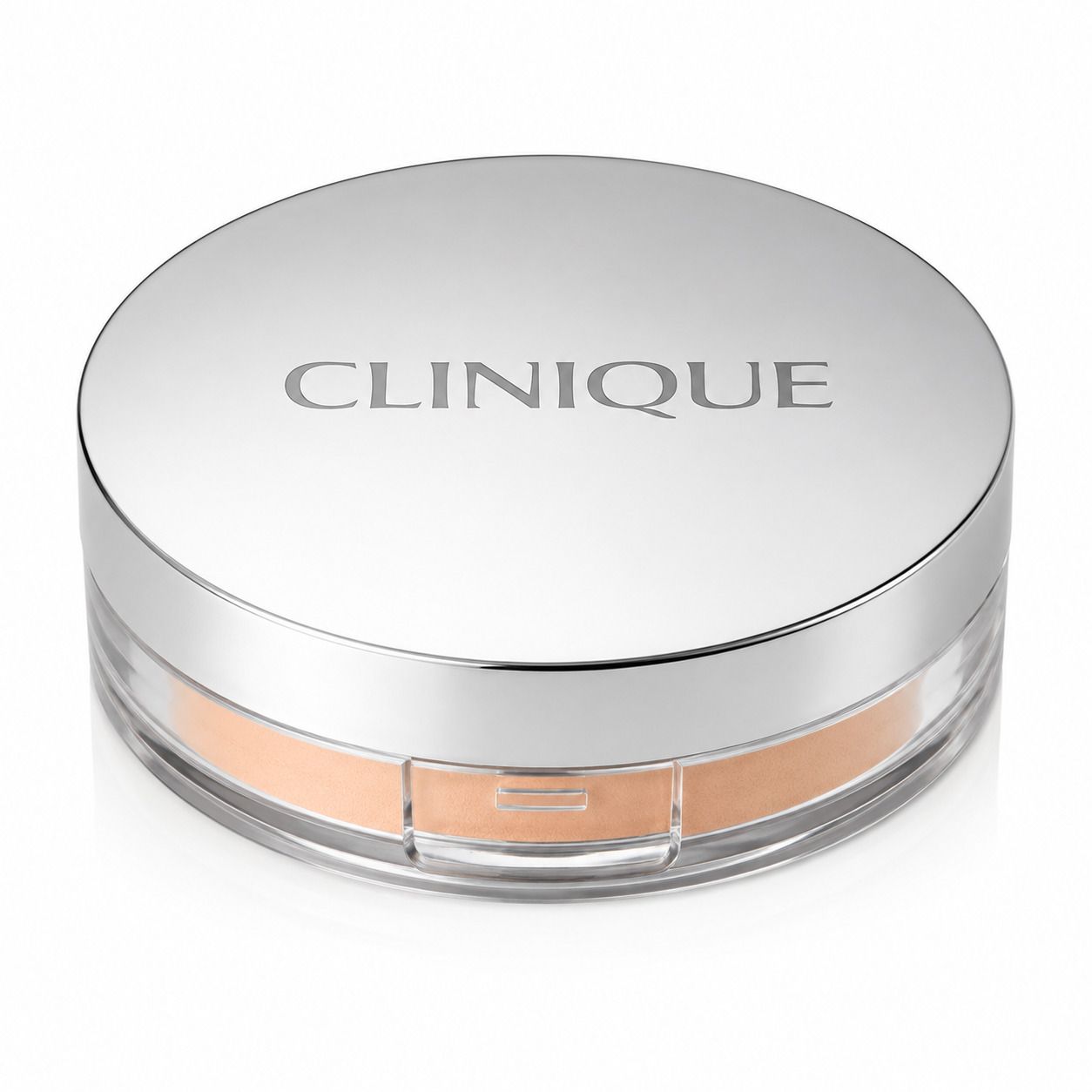 Clinique Stay-Matte Sheer Pressed Powder dans un boîtier argenté avec couvercle transparent.