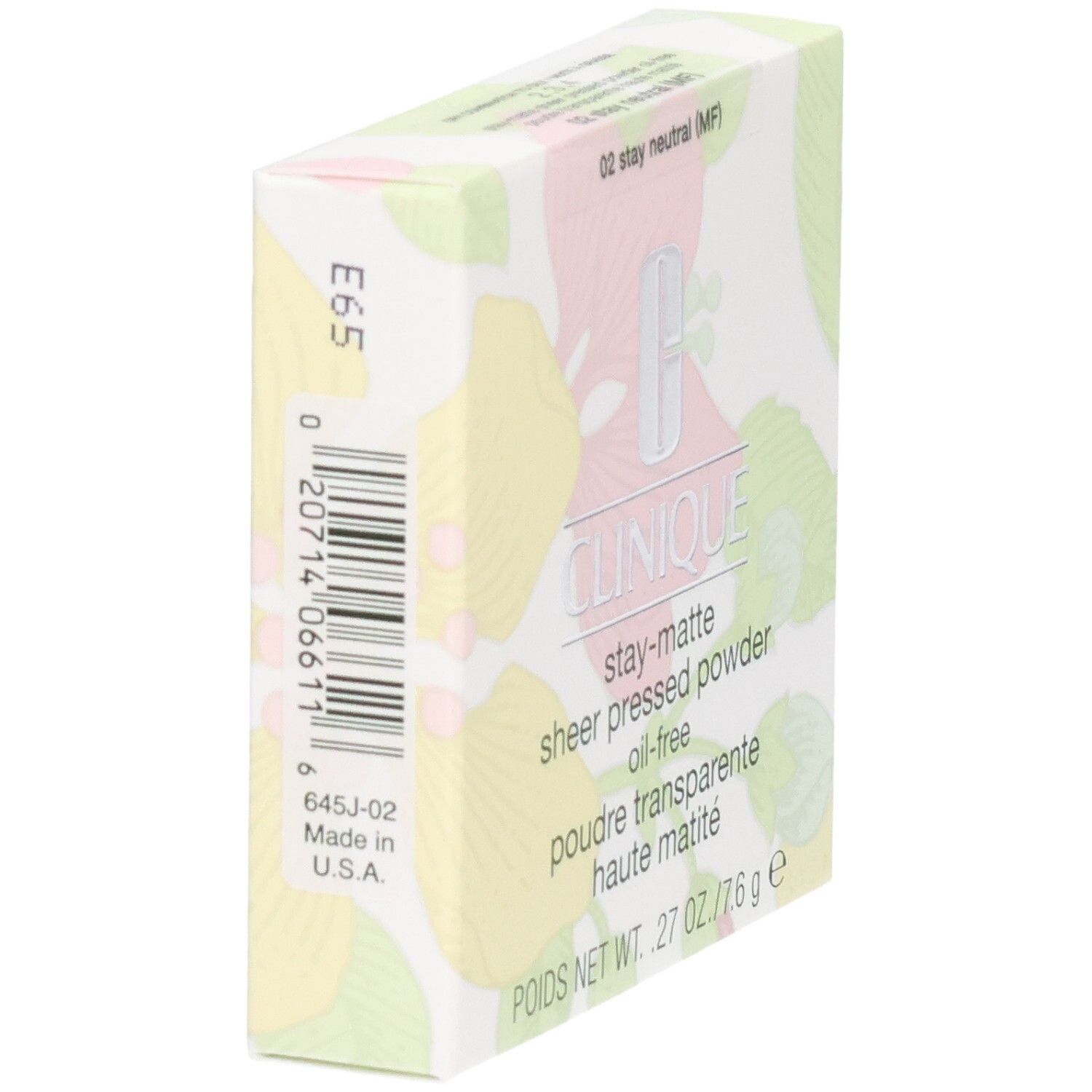 Emballage Clinique Stay-Matte Sheer Pressed Powder avec code-barres et informations produit.