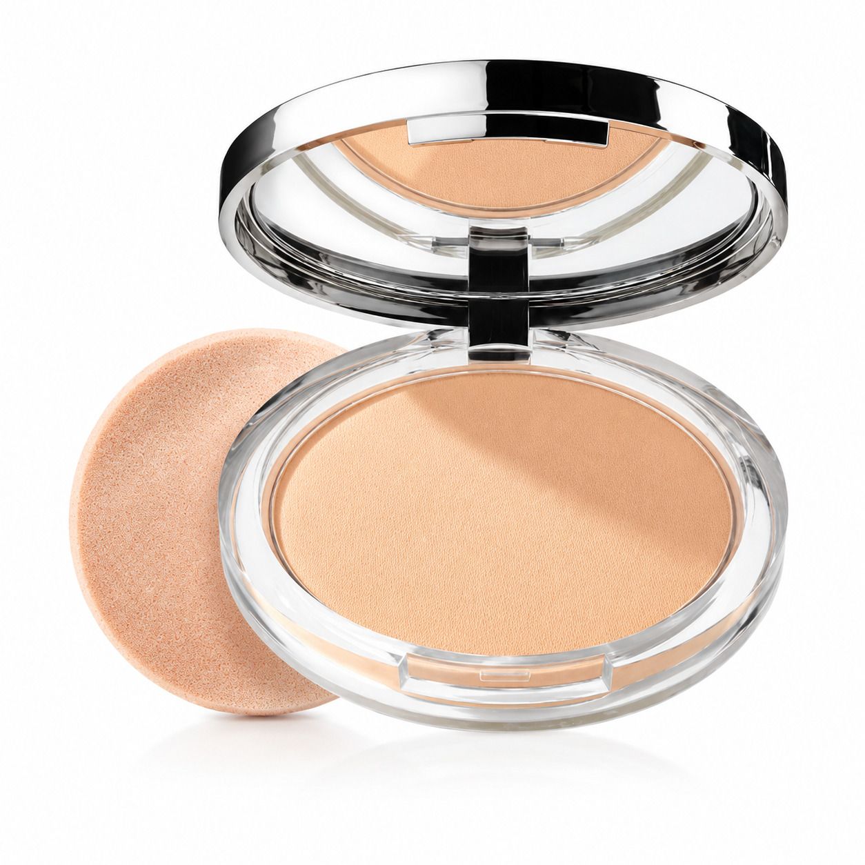 Clinique Stay-Matte Sheer Pressed Powder ouvert avec miroir et applicateur.