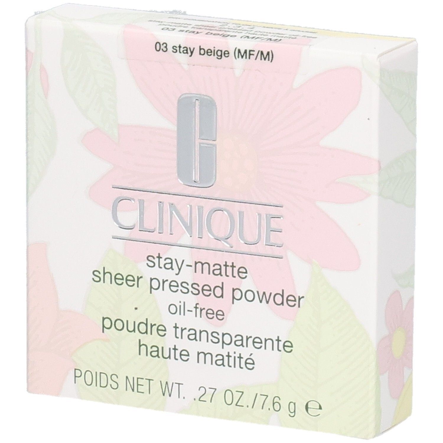 Boîte Clinique. Inscription: Poudre Transparente Haute Matité. Motif floral. Couleur beige. Inscription: 03 stay beige.