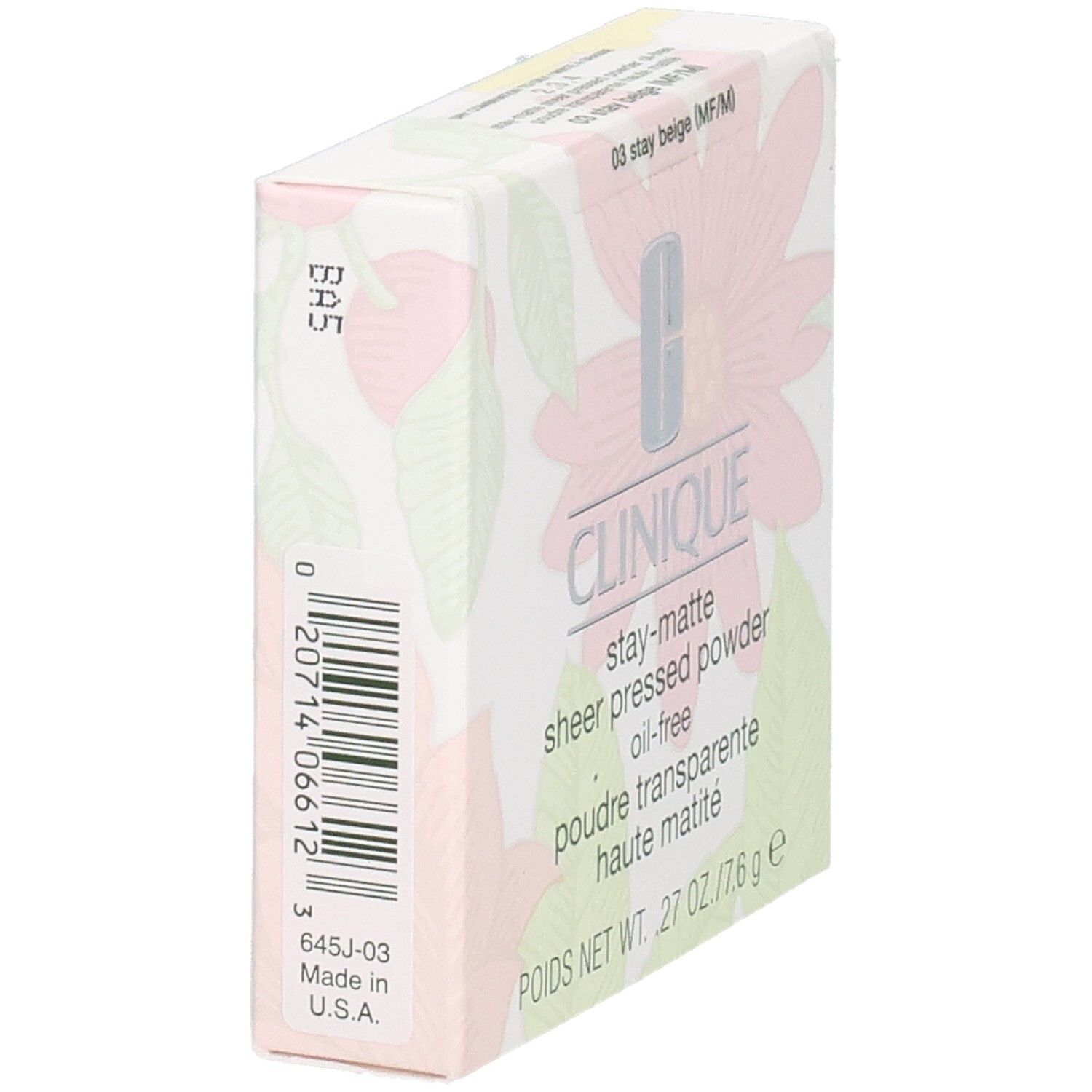 Boîte Clinique en biais. Logo et nom du produit. Code-barres et texte: Made in U.S.A. Motif floral.