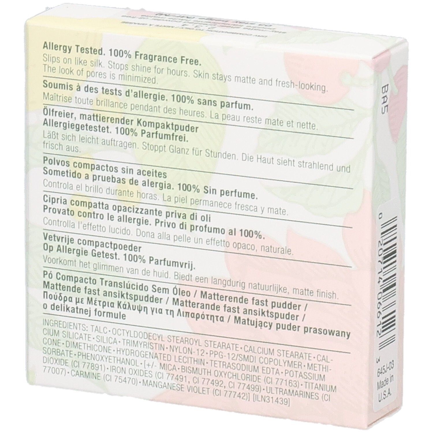 Dos de la boîte. Texte multilingue. Testé contre les allergies. 100% sans parfum. Ingrédients.