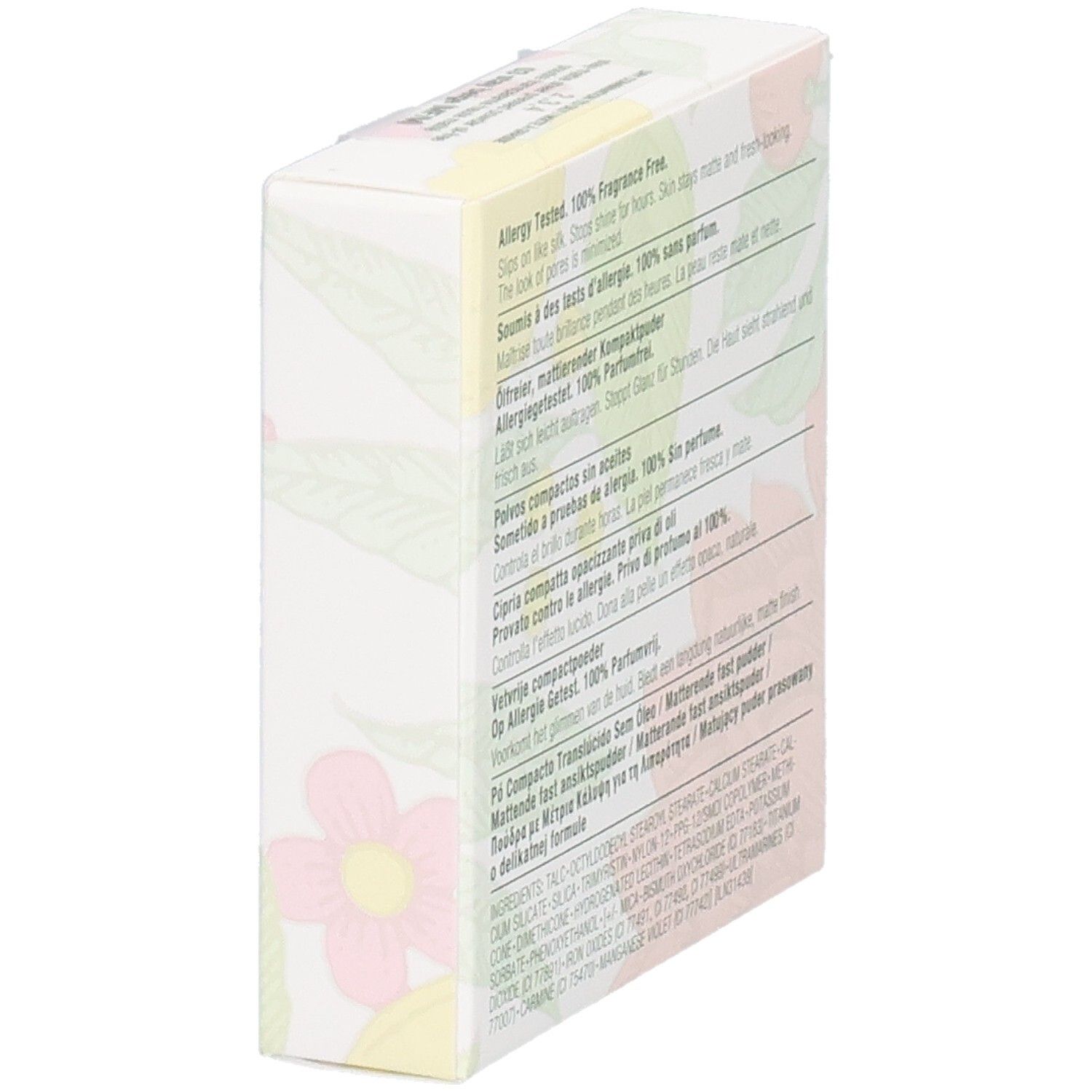 Boîte en biais. Dos avec texte multilingue. Testé contre les allergies. 100% sans parfum. Ingrédients.