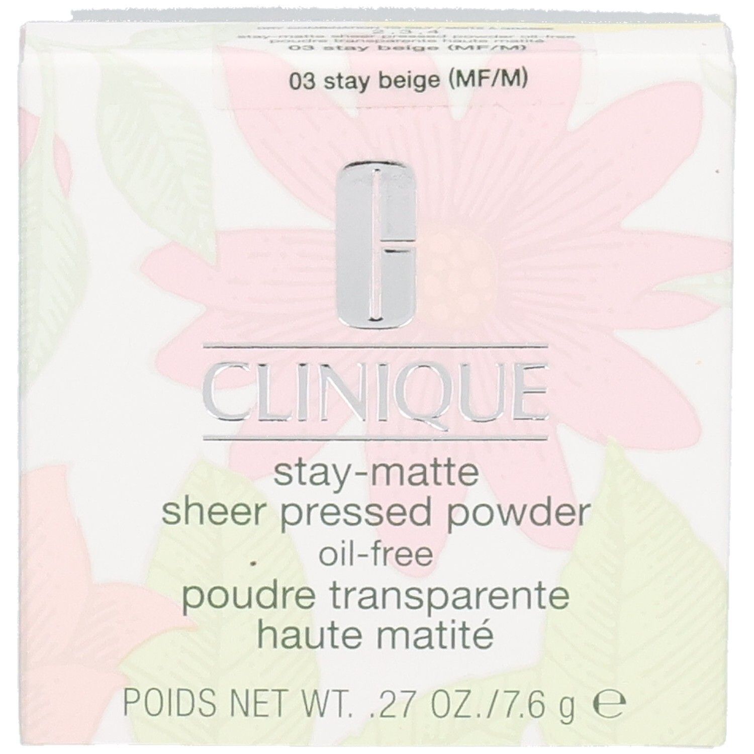 Boîte Clinique. Inscription: Poudre Transparente Haute Matité. Motif floral. Couleur beige. Inscription: 03 stay beige.