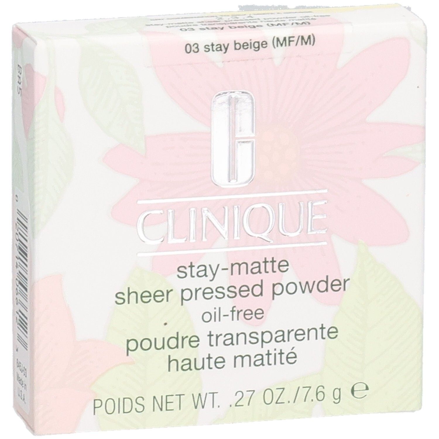 Boîte Clinique. Inscription: Poudre Transparente Haute Matité. Motif floral. Couleur beige. Inscription: 03 stay beige.