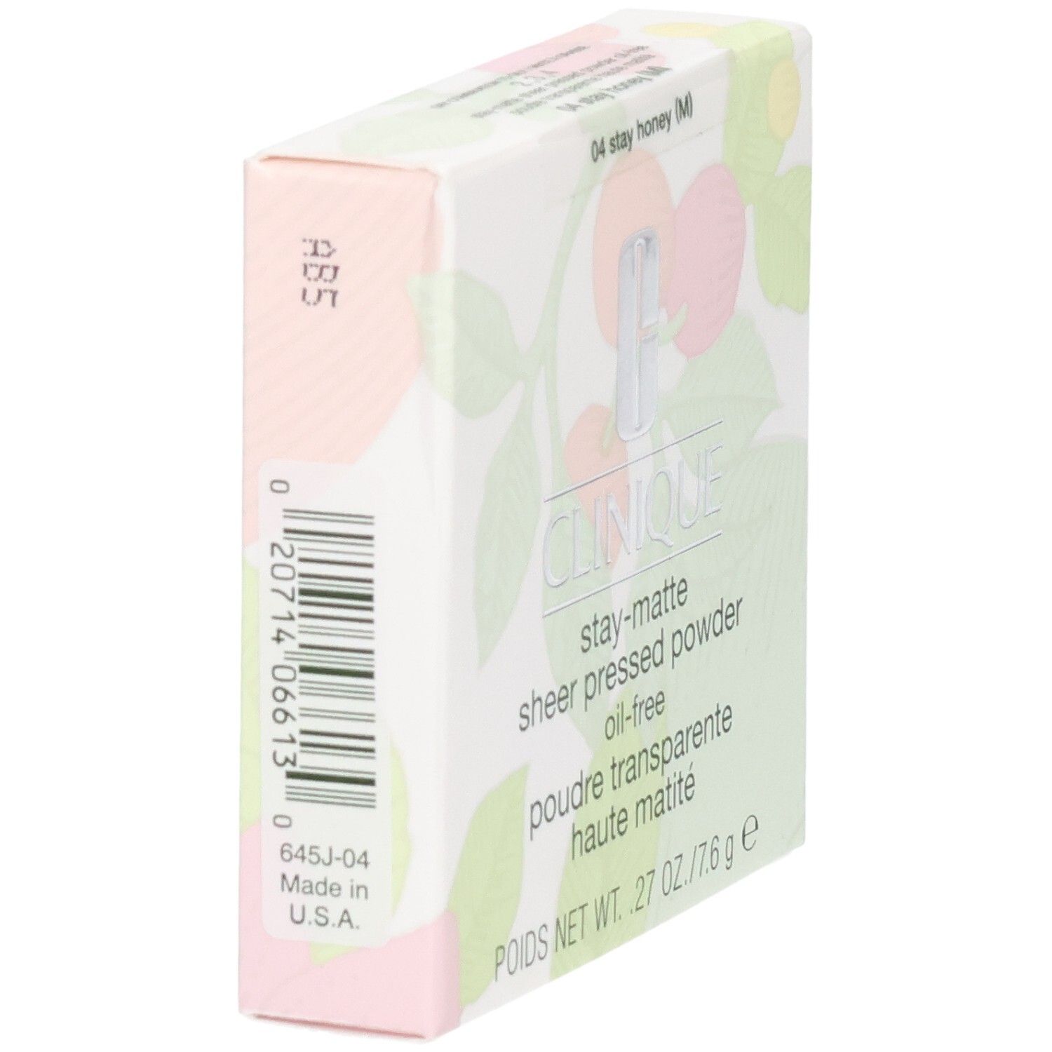 Emballage Clinique Stay-Matte Sheer Pressed Powder, dos avec code-barres et informations produit.